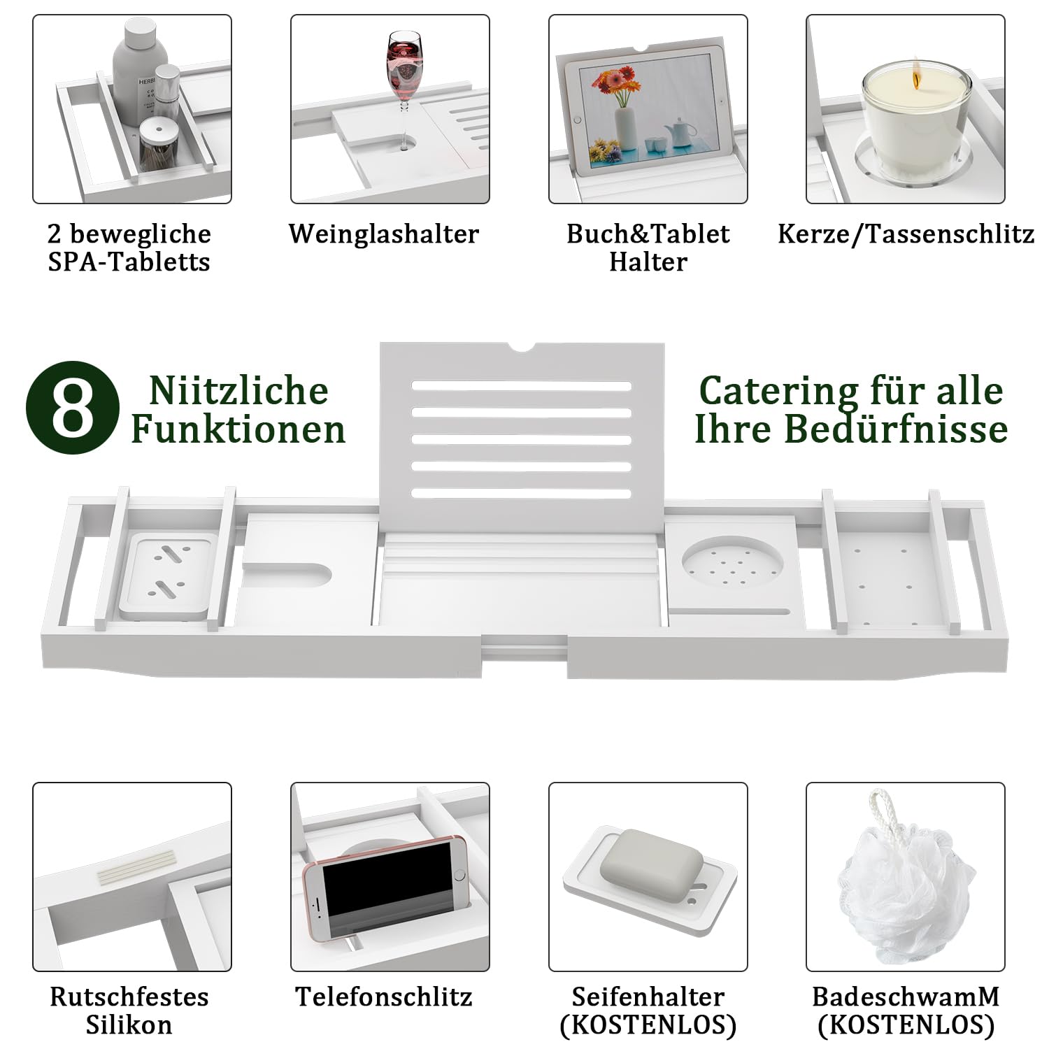 Badewannenablage aus Bambus verstellbares Badewannenbrett Badewannen Ablagen für Ipad und Bücher Badewannentablett mit Getränkehalter, Buchstütze und Weinglas 75-109 * 23 * 4,5cm