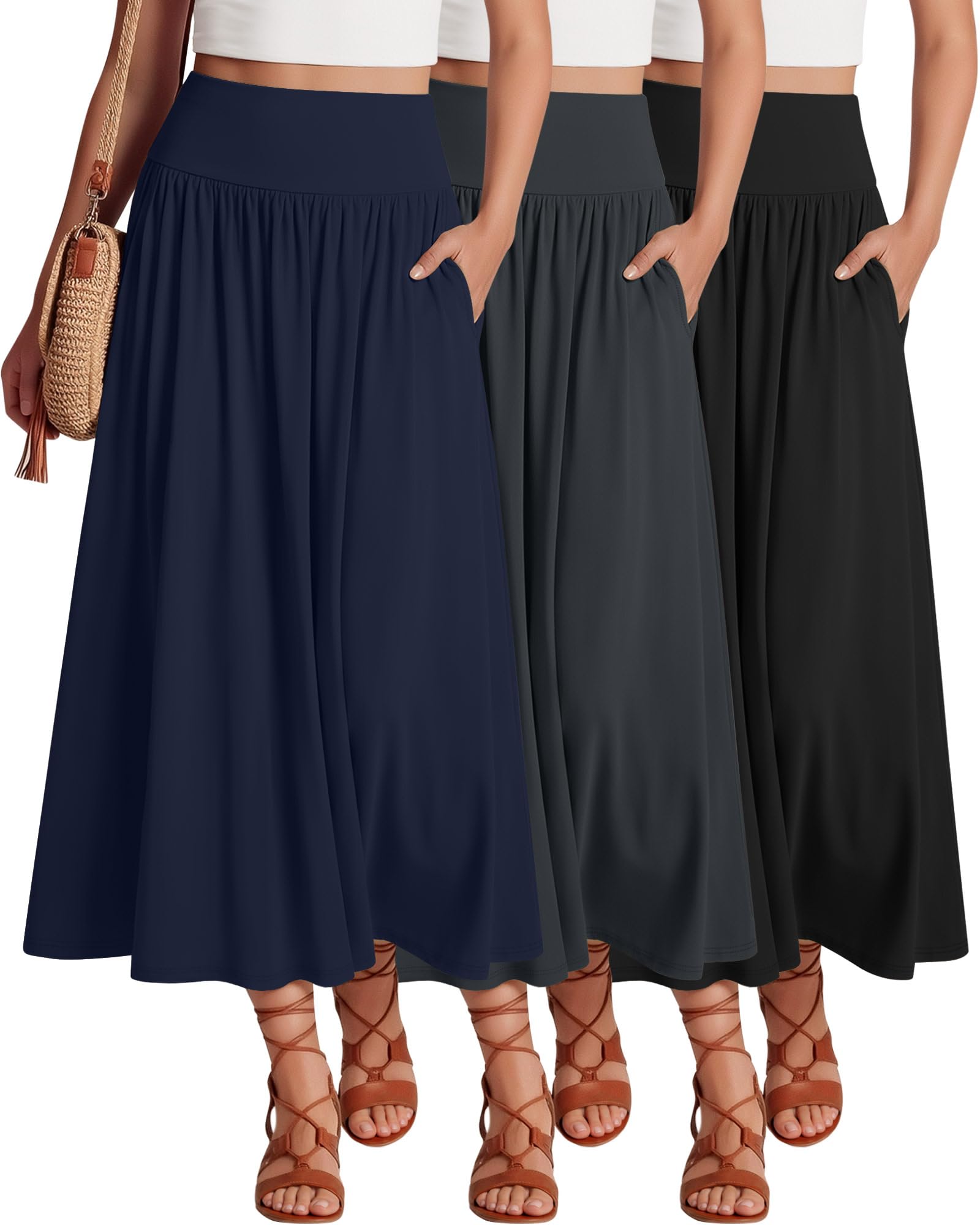 Ficerd 3 Pack Maxi Long Skirts for Women, Ankle Length High Waisted Pleated Flowy a Line Summer Casual Skirts with Pockets