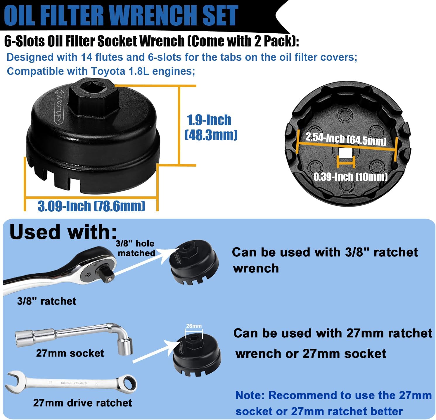 2Pcs Oil Filter Cap Wrenches, Heavy Duty Oil Filter Wrenches Compatible with Toyota, Lexus, RAV4, Corolla, Highlander, Camry, 64.5mm 4 Flute Oil Filter Removal Tool for 1.8L Engine
