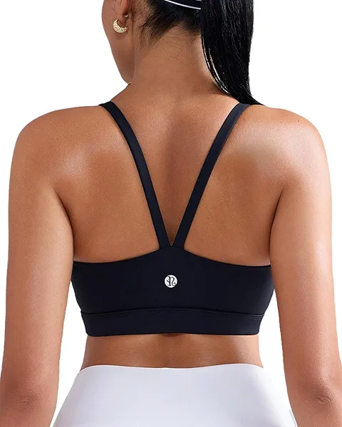 RUNNING GIRL Light Impact Sports Bras for Women, Molded Cup Thin Strappy Sports Bra with Sewn in Pads Black Medium