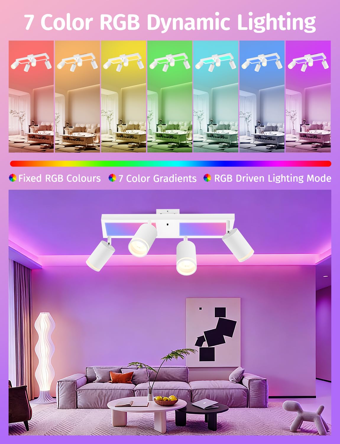 YindaLux Deckenstrahler LED mit Fernbedienung RGB Farbwechsel 30W 3600LM | Weiß RGB Deckenleuchte 4 Flammig mit Unteres Glühen, Inkl. GU10 Leuchtmittel, Schwenkbar Strahler Lampe für Wohnzimmer