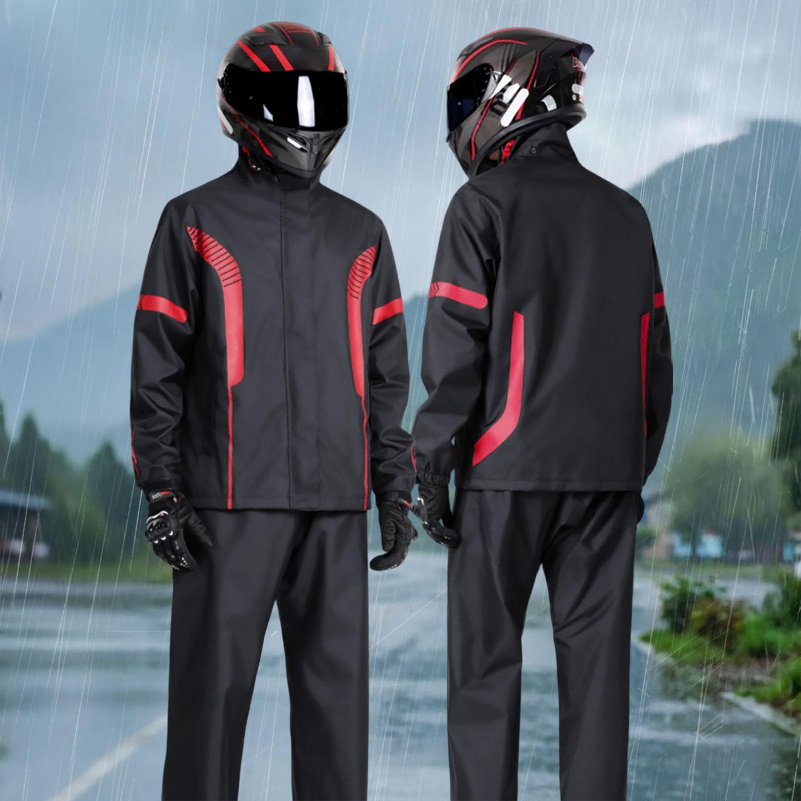 Generisch Traje de lluvia para hombre y mujer, chubasquero y pantalones de lluvia, conjunto de ropa de lluvia para motocicleta con rayas reflectantes, impermeable y pantalones de lluvia, ropa de