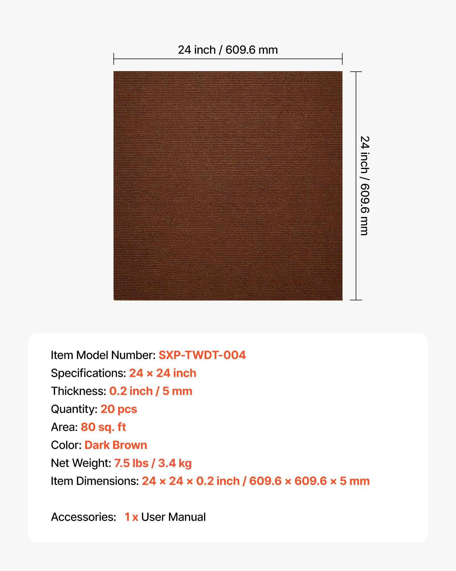 VEVOR Teppichfliesen 609,6 x 609,6 x 5 mm, 20er-Pack, selbstklebender Teppichboden mit Fläche von 7,4 m², Teppich Bodenbelag, einfacher DIY-Austausch für Wohnzimmer und Büro, Dunkelbraun