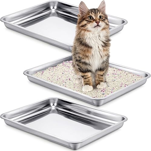 Mifoci 3 cajas de arena de acero inoxidable para gatos, caja de arena de metal para gatitos, control de olores, fácil de limpiar, caja de arena de