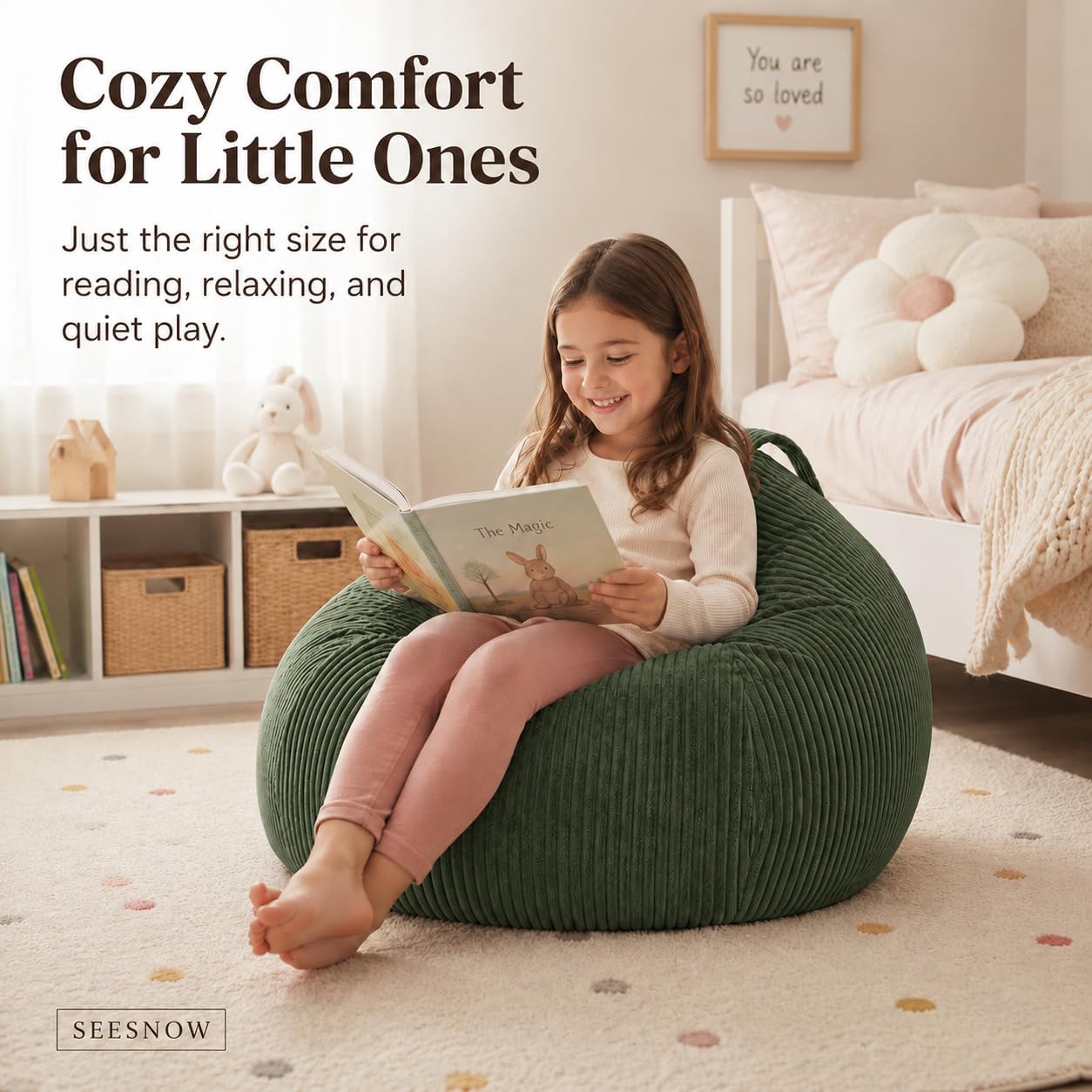 Corduroy Bean Bag Lounger with Wide-Wale Fabric, Cozy Floor Seat