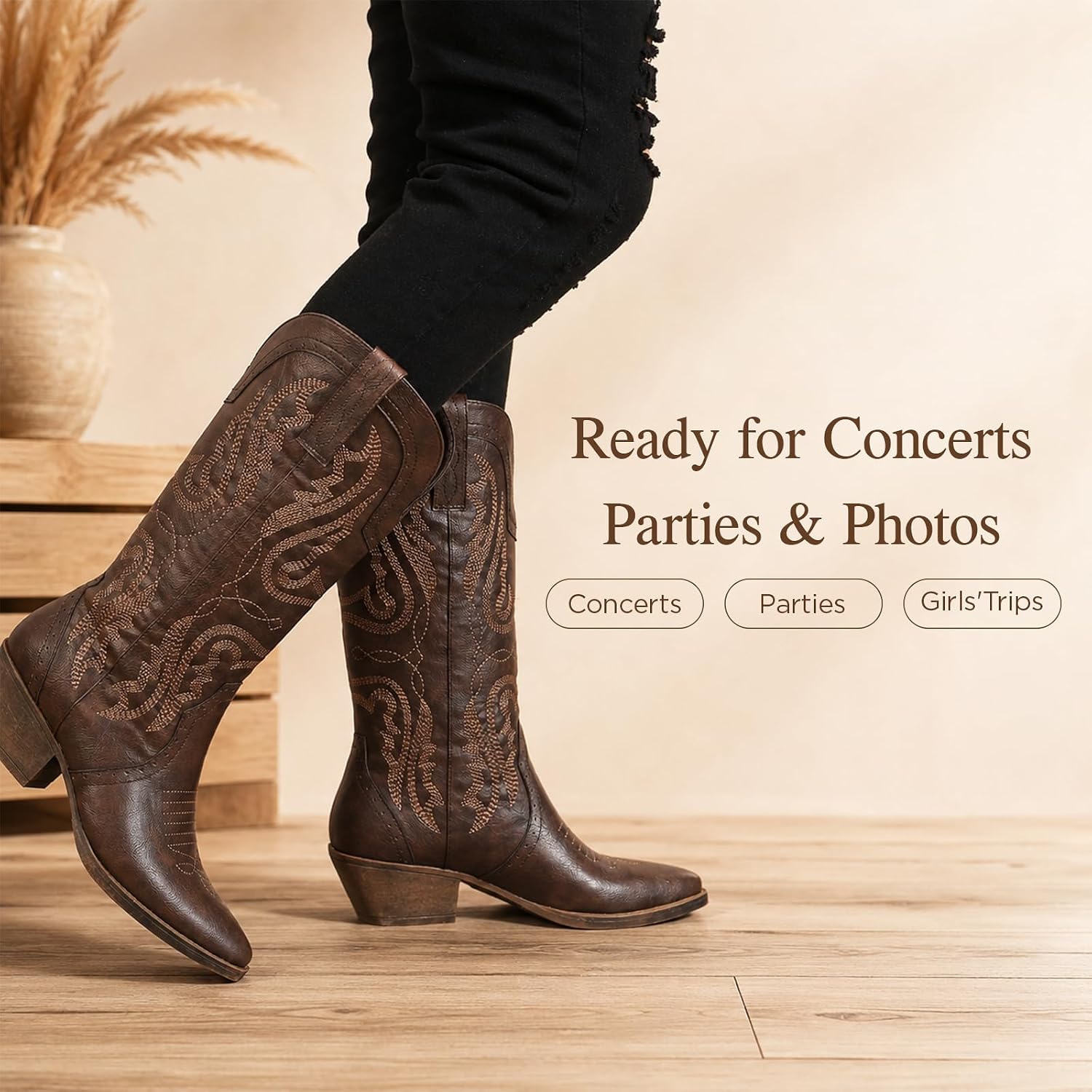 Western Cowboy Boots for Women: Mid Calf Country Concert Cowgirl Boots - 2 Inch Chunky Heel Pointed Toe - Classic Embroidered Detailing