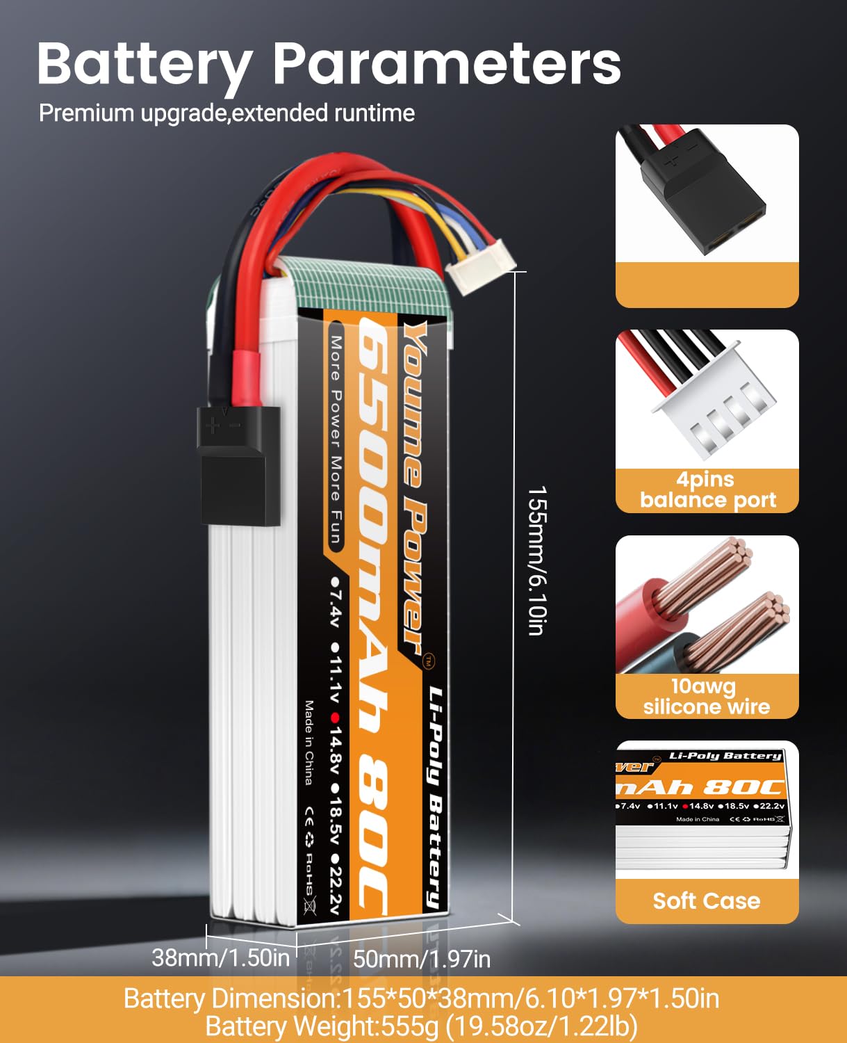 Batería Lipo 4S de 6500 mAh, 14,8 V, batería Lipo 80C, funda suave con conector Tr compatible con modelos de 1/7 1/8 Maxx X-Maxx RC coches, camiones, vehículos, Truggy Buggy, aviones, aviones, drones