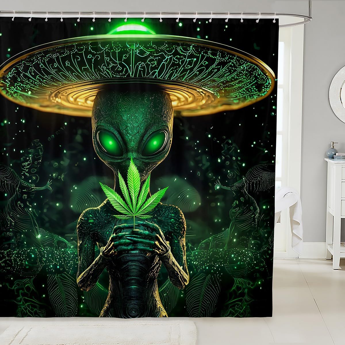 Erosebridal Alien Shower Curtain 72x72, Abstract Spaceship Bath Curtain with Hooks, Green Botanical Fabric Shower Curtain for Kids Boys Teens, Psychedelic UFO Shower Curtain Sets
