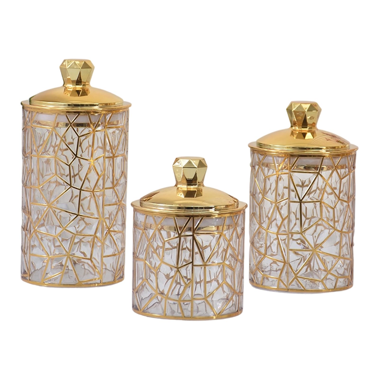 Tsophreniq Of 3 Elegant Metallic Accent Food Canisters Clear Storage Jars Candy Organizers for Dry Goods and Snacks Gold Foil Candy Storage Jars