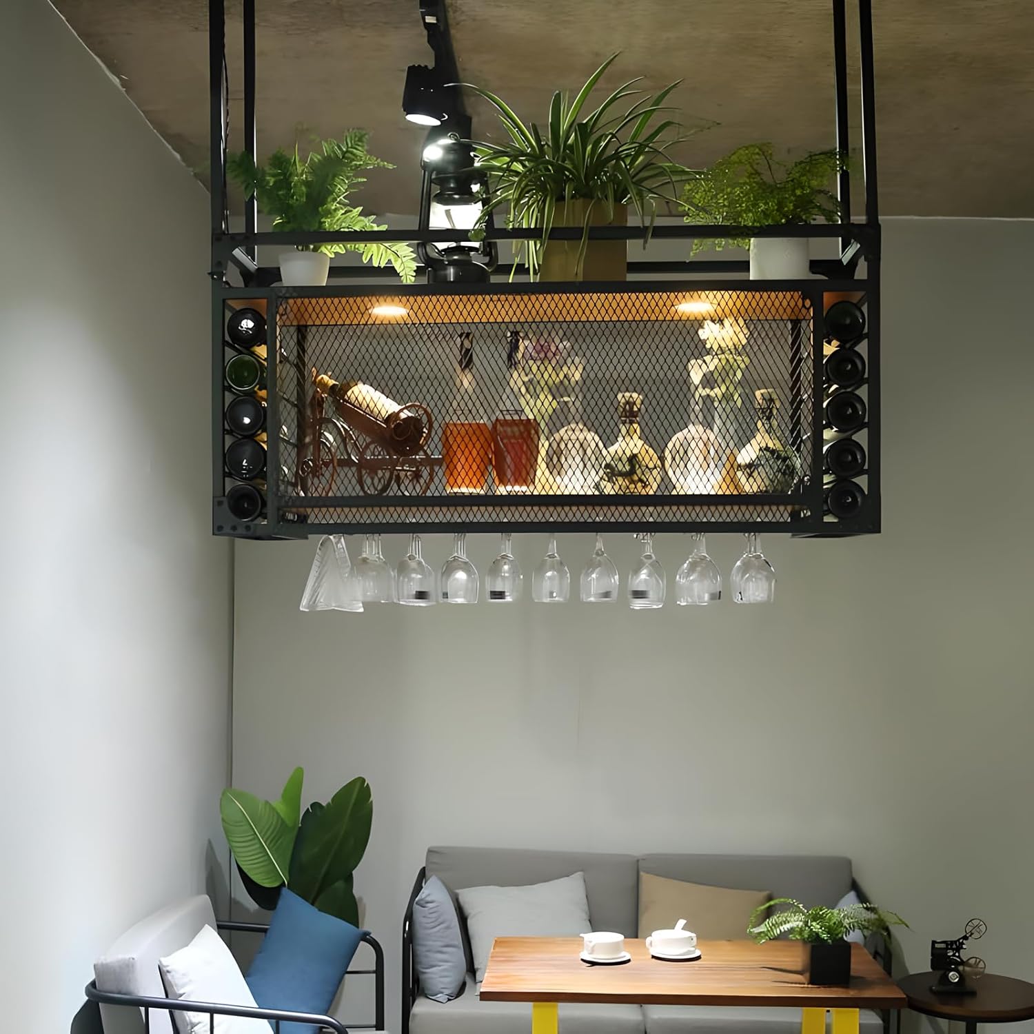 Industrial Metal Wall Mounted Wine Rack with Glass Holder 2 Layer Black Hanging Shelf for Bar Kitchen Cafe Restaurant Ceiling Wine Glass Rack with Guardrails 160cm