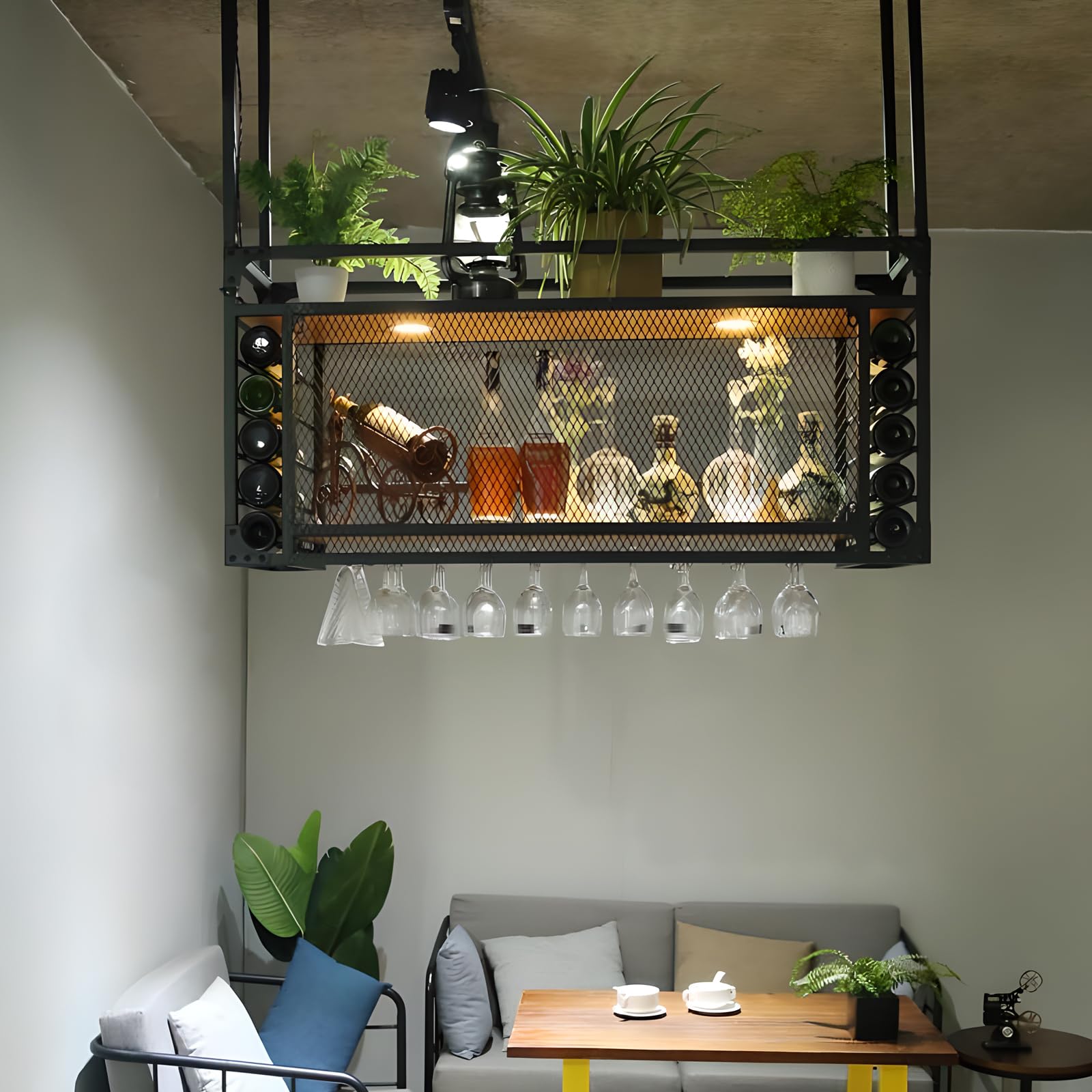 Portabottiglie Da Vino A Parete Con Mensola E Luci LED Integrate, Scaffale Fluttuante Per Cucina E Bar, Ferro Nero - 2