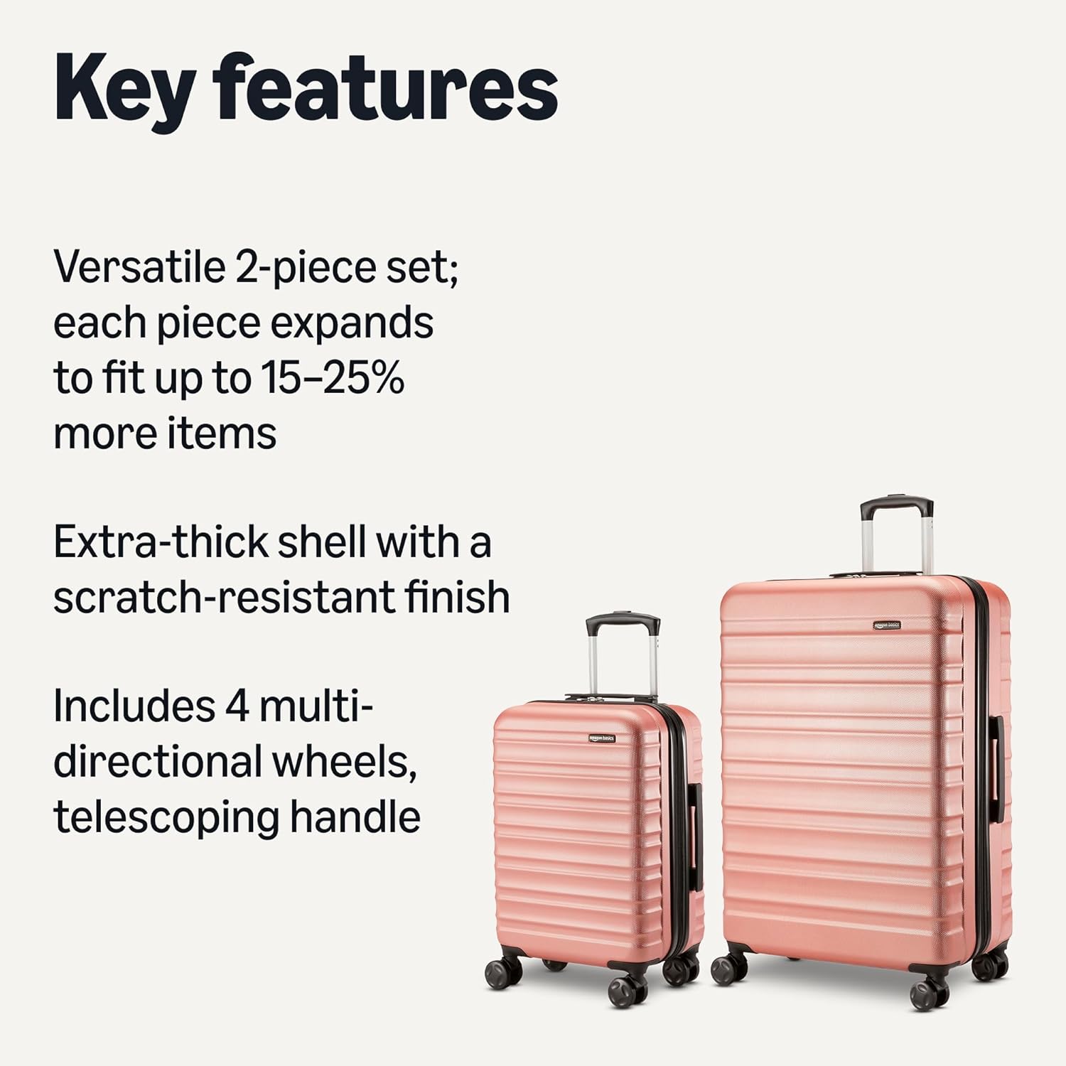 Amazon Basics 2-Piece Hardshell Suitcases Set (21", 30"), Expandable Travel Luggage with Scratch-Resistant Surface, Four Multi-directional Wheels, Telescopic Handle, Rose Gold