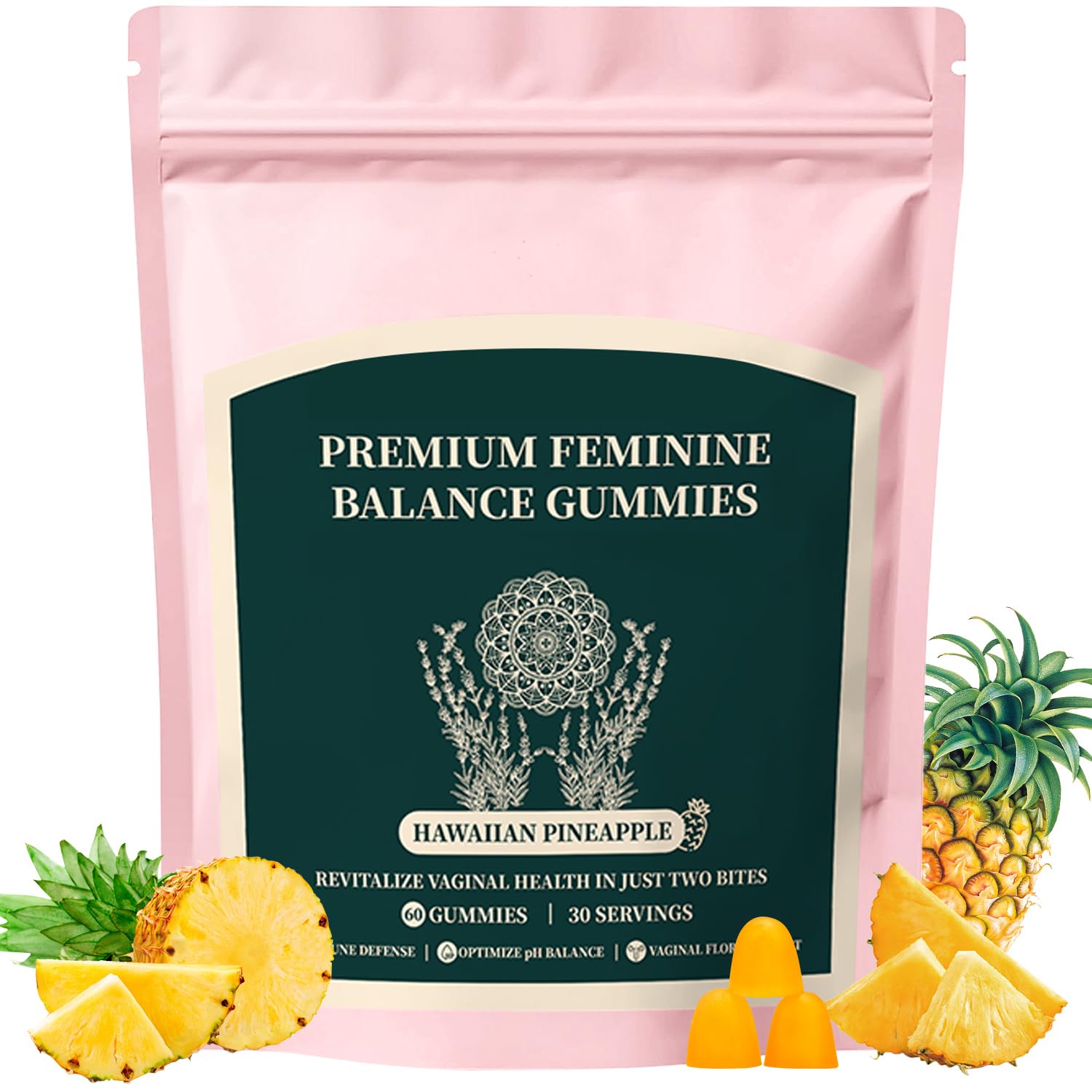 Premium Feminine Balance Gummies, Hawaiian Pineapple Feminine Gummies for Women Health and Wellness, Improve Immune, Vegan, Gluten Free, Light Pink 60 Gummy, 1 Pack