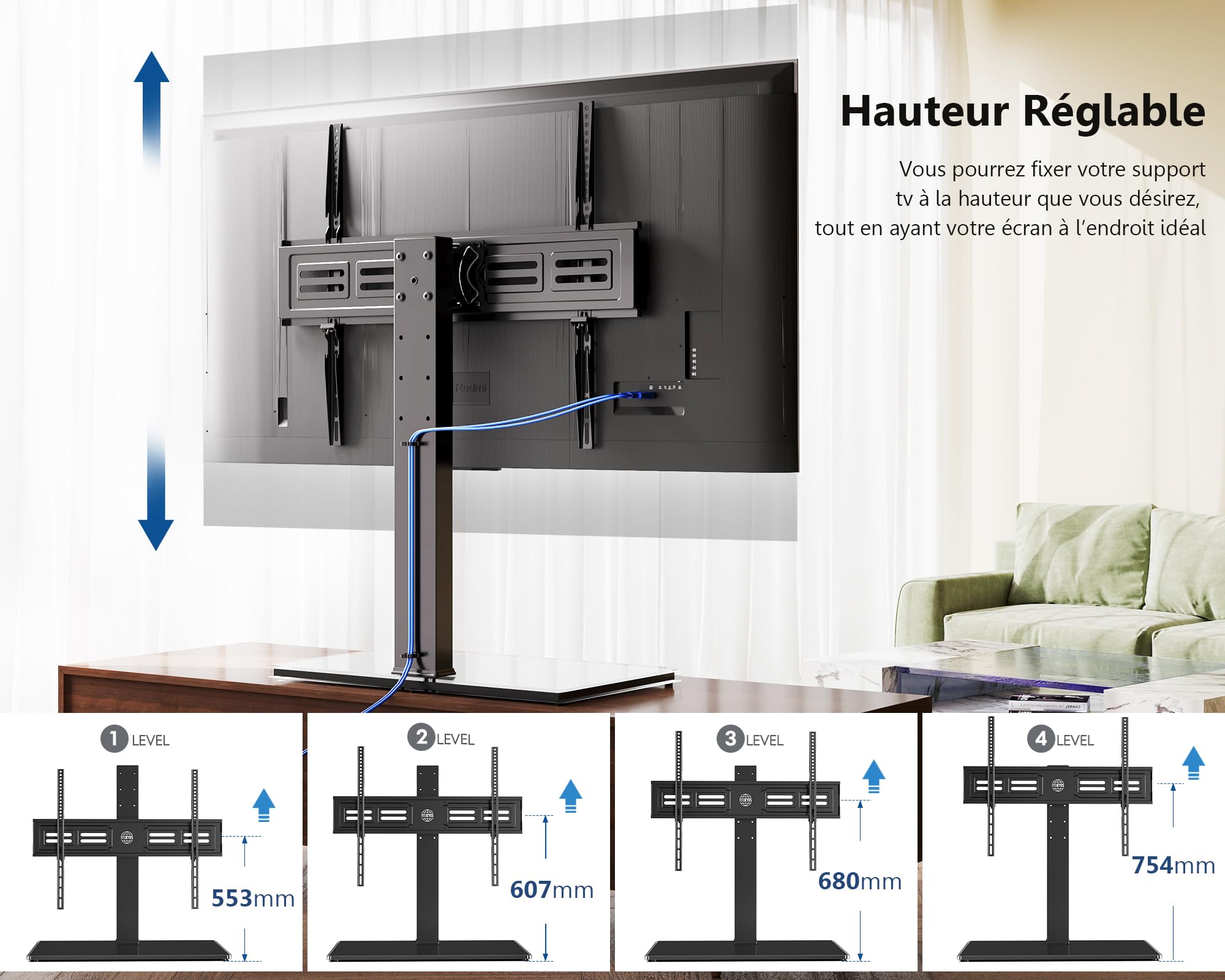 FITUEYES Support TV sur Pied, avec Base en Verre Trempé, 50-85 Pouces