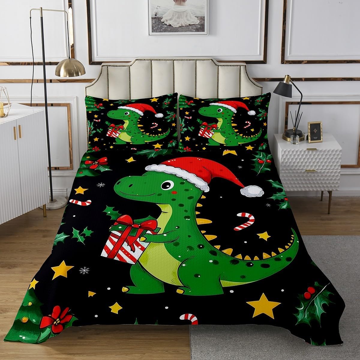 Erosebridal Kids Christmas Dinosaur Bedspread Set Cartoon Xmas Dino Print King Quilt Set for Boys Girls Teen,Cute Animal Santa Hat Coverlet Set Winter Snowflake Stars Plant Bedding Set