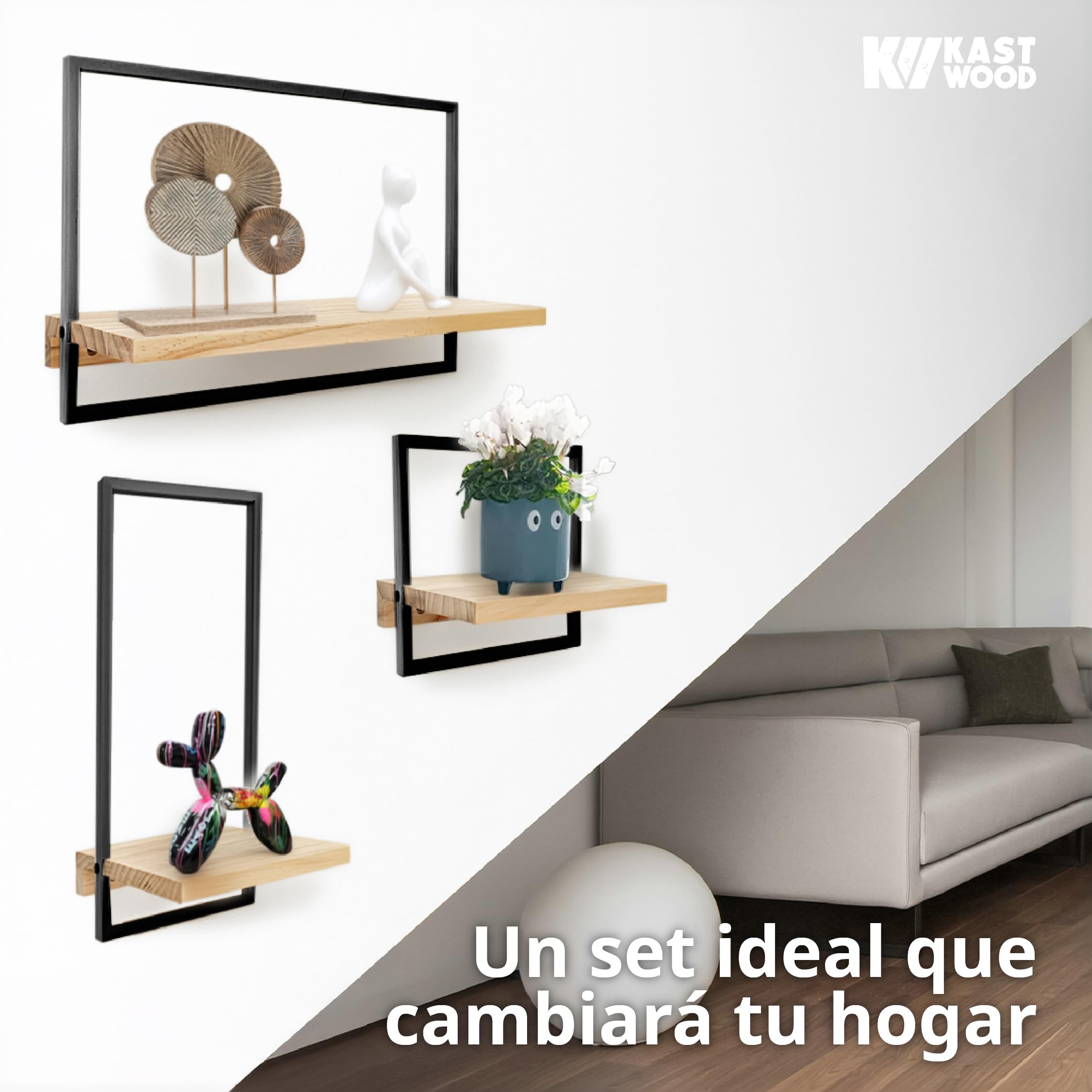 Kastwood Estantería de Pared de Madera – Set 3 Baldas Flotantes Pared y Repisas Decorativas para Salón, Baño y Dormitorio – Estanterías de Pared en Madera Natural con Marco Metálico Decorativo