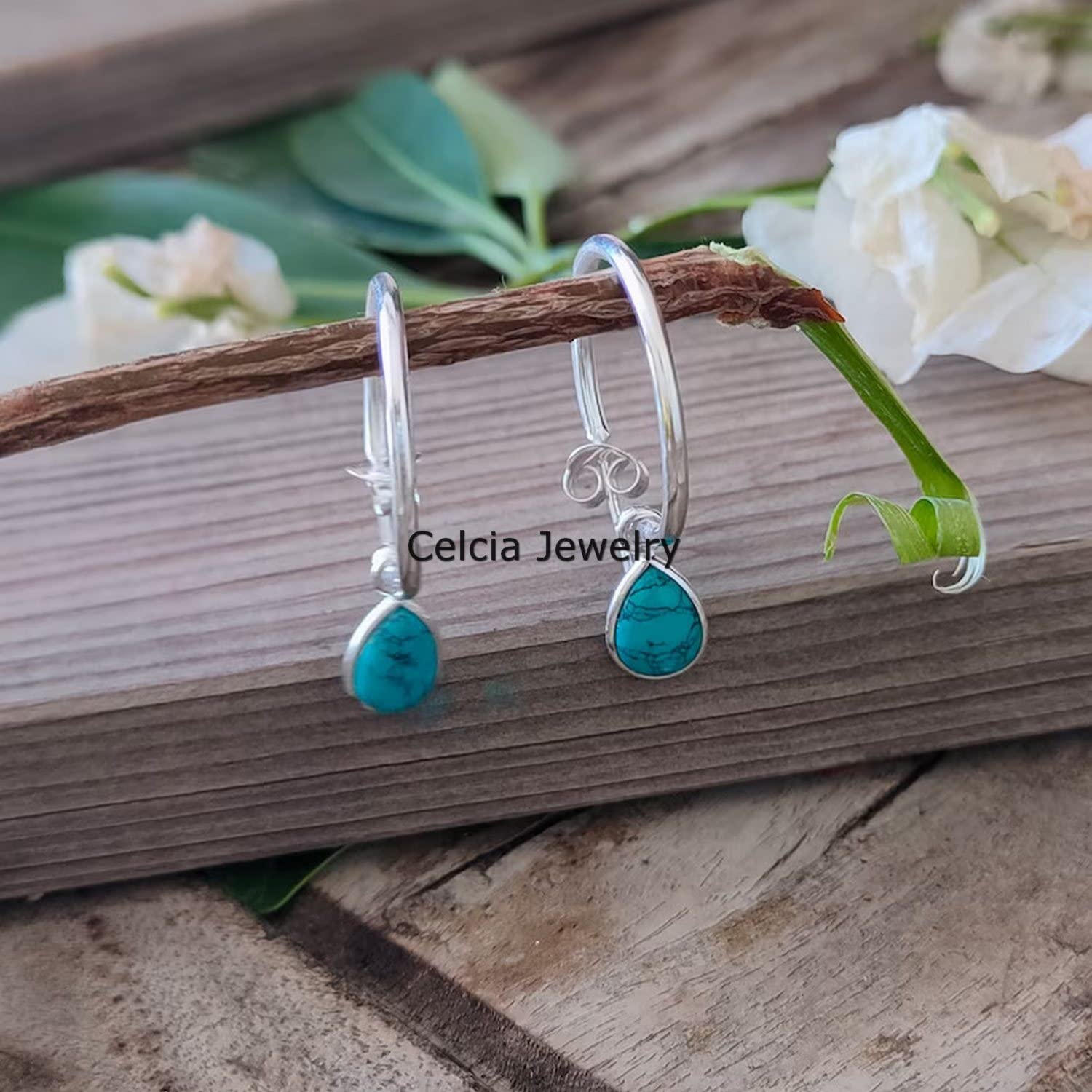 Pendientes de aro con forma de círculo de Plata de Ley 925 auténtica para mujer, piedra preciosa de pera turquesa Natural, joyería hermosa con piedra natal de diciembre