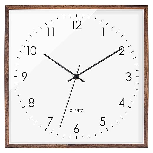 Foxtop Square Wood Wall Clock, 12 Inch Silent Non Ticking Battery Operated Quartz Wooden Wall Clock