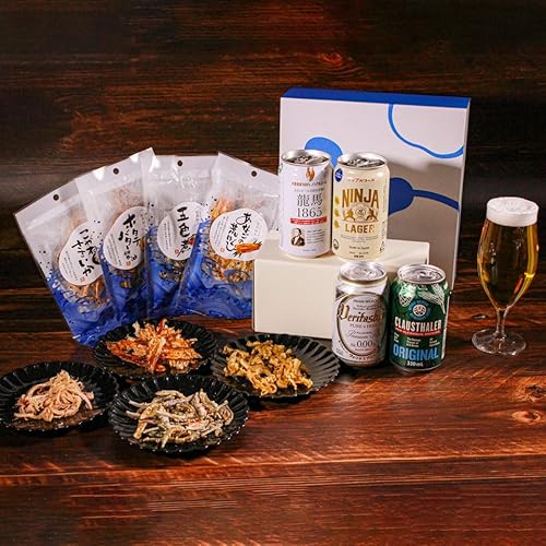 【秋ギフト】ノンアルおつまみ4種ギフト (忍者ラガー ノンアルコールビール <日本> ヴェリタスブロイ <ドイツ> クラウスターラー <ドイツ> こがねさきいか 五色煮 あなごの荒ほぐし ほたてバターしょうゆ味)