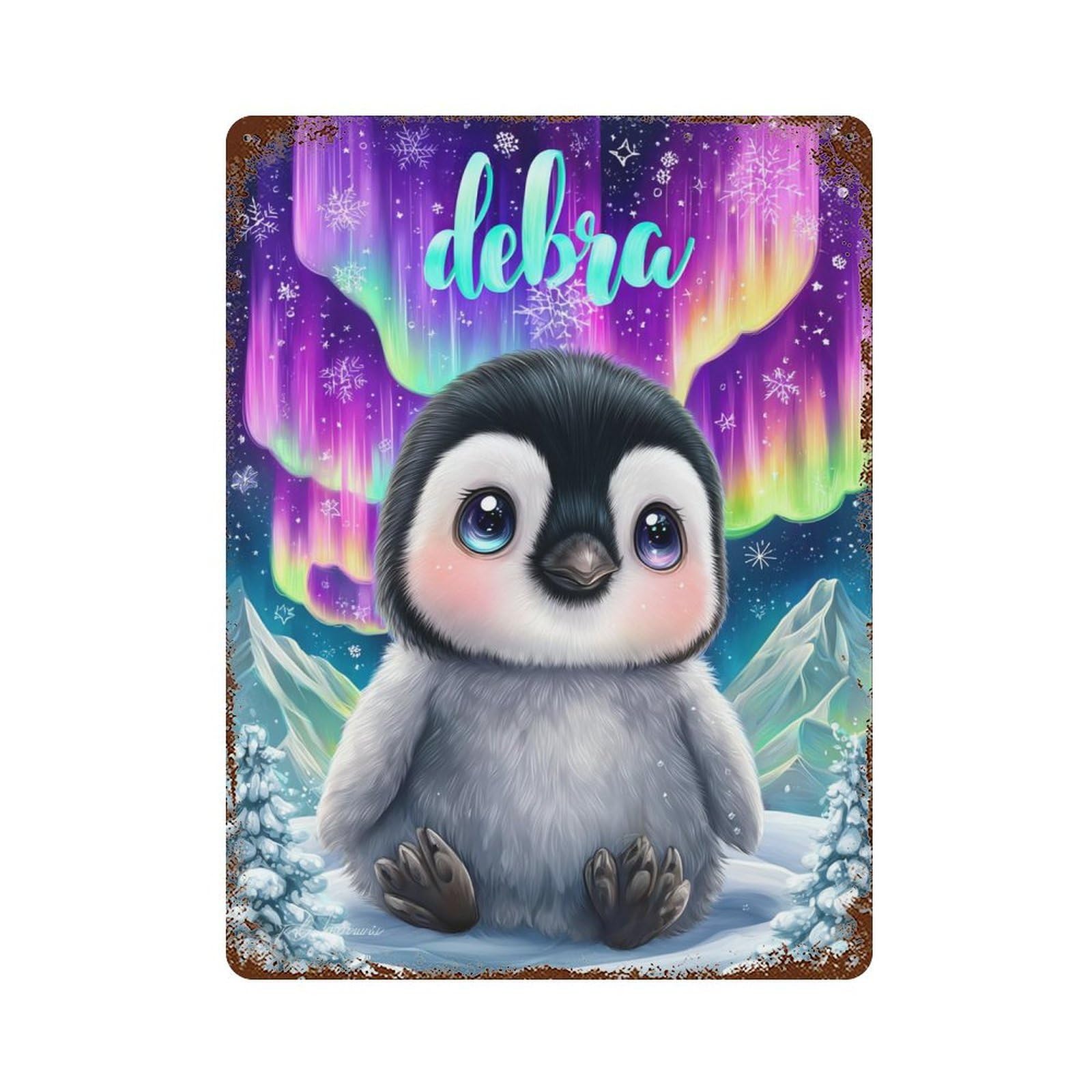 Penguin Aurora Borealis Art Print Decorative Tin Sign 15.7"x11.8", Vintage Wall Decor for Basement, Hobby Room And Garage Decor