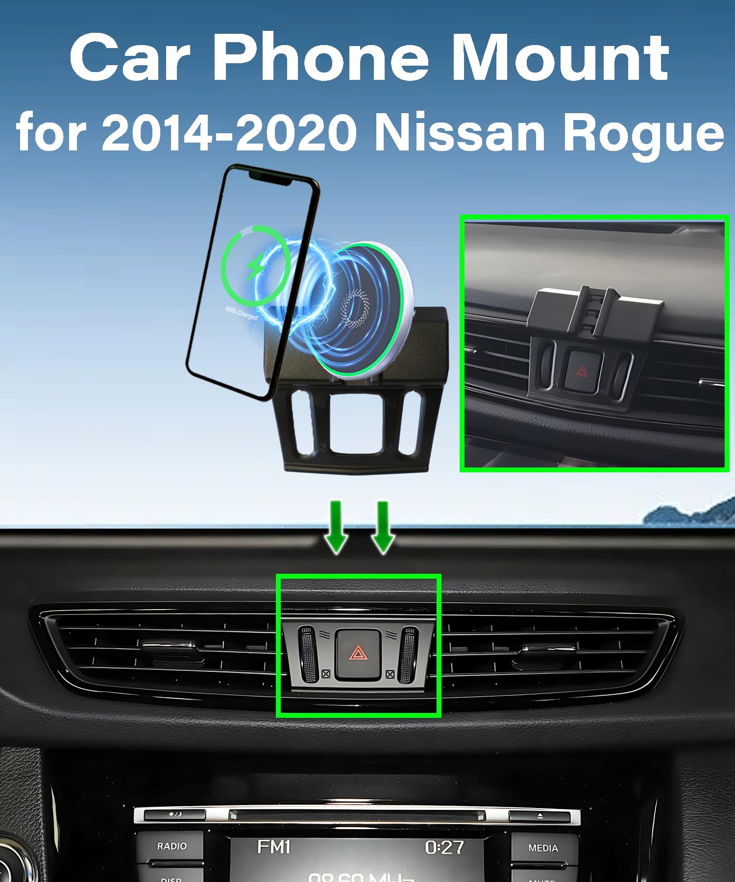 Support de téléphone de voiture pour Nissan Rogue 2014-2020 Accessoires 15 W Chargeur rapide sans fil réglable Support de téléphone portable mains libres Rotation à 360 degrés