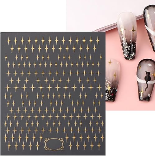 Miniatura 7 de SILPECWEE 8 hojas de calcomanías doradas para arte de uñas, calcomanías para mujeres, niños, niñas, estrellas, serpiente, flor, conejo, corazón,