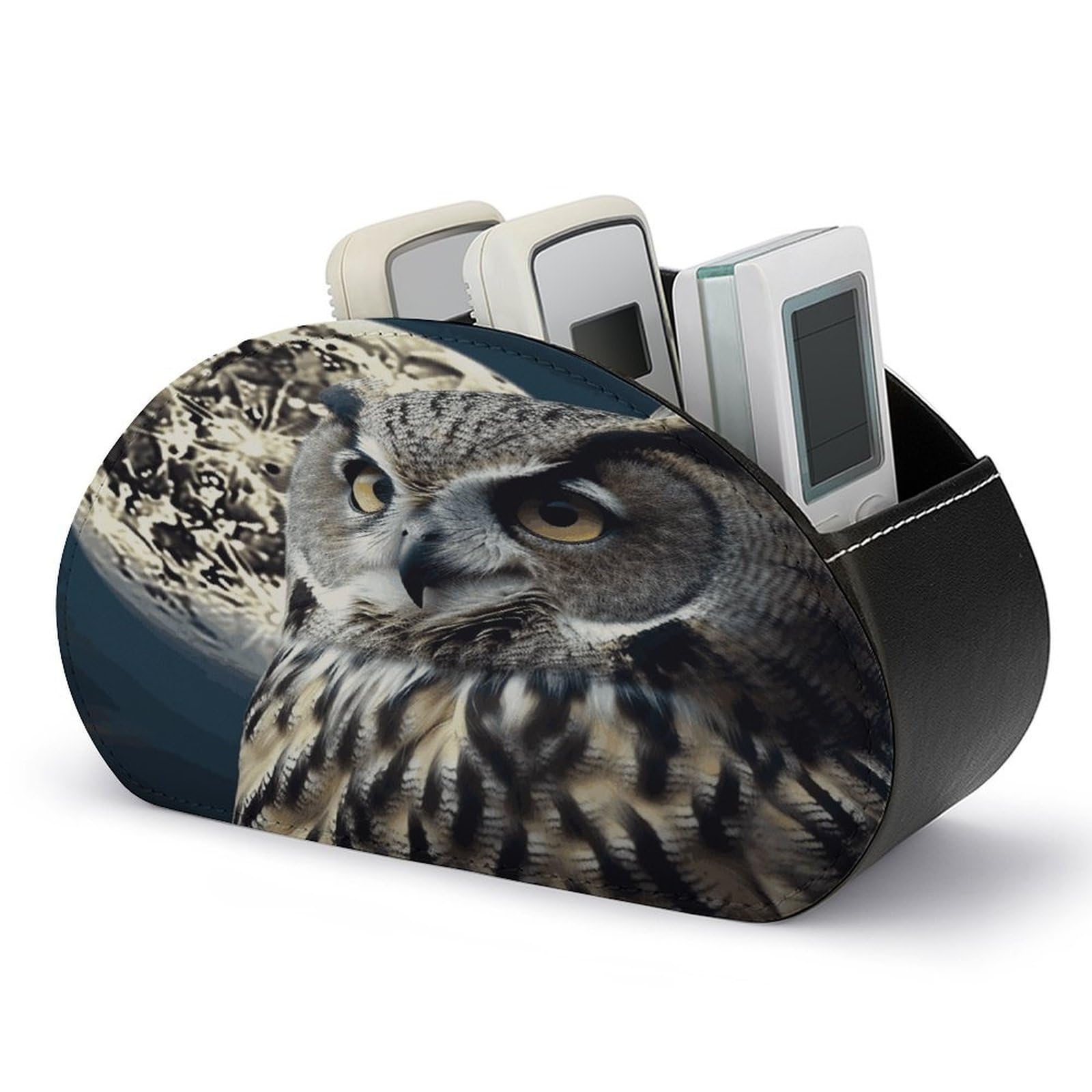 FekiLoot Owl And Moon Remote Control Holder with 5 Compartments Multi-functional TV Remote Caddy Organizer Leather TV Remote Holder Desktop Organizer Store for Bedside Table Office Desk