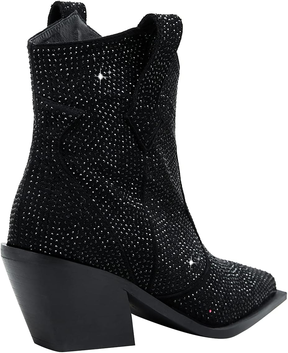 SHODENSE Women Rhinestone Cowboy Ankle Boots Pointed Toe Chunky Stacked Heel Glitter Cowgirl Boots Wide Calf Sparkle Combat Boots Pull On Studded Dress Boot Fashion Ladies Girls Party Summer 4-11 M US