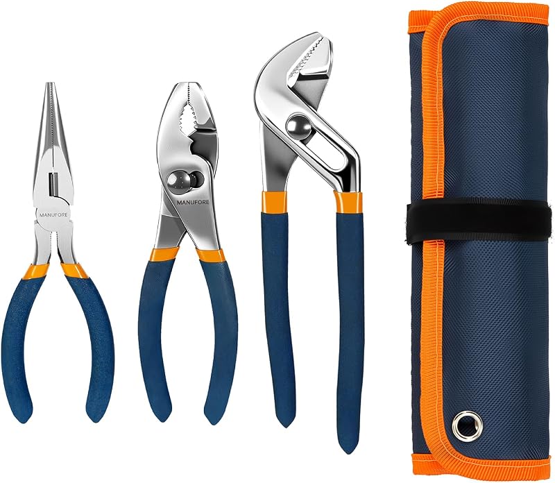 MANUFORE 3-Piece 6" and 8" Household Pliers with Storage Pouch for Home Use