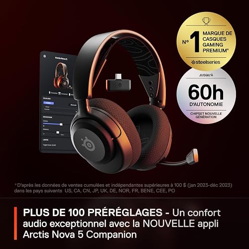 SteelSeries Arctis Nova 5 Wireless - Gaming Headset for PC, PS4/5, Mobile - 100+ Audio Presets via App - Neodymium Magnetic Drivers - 60H Battery - 2.4GHz or BT - ClearCast Gen2.X Mic - 4