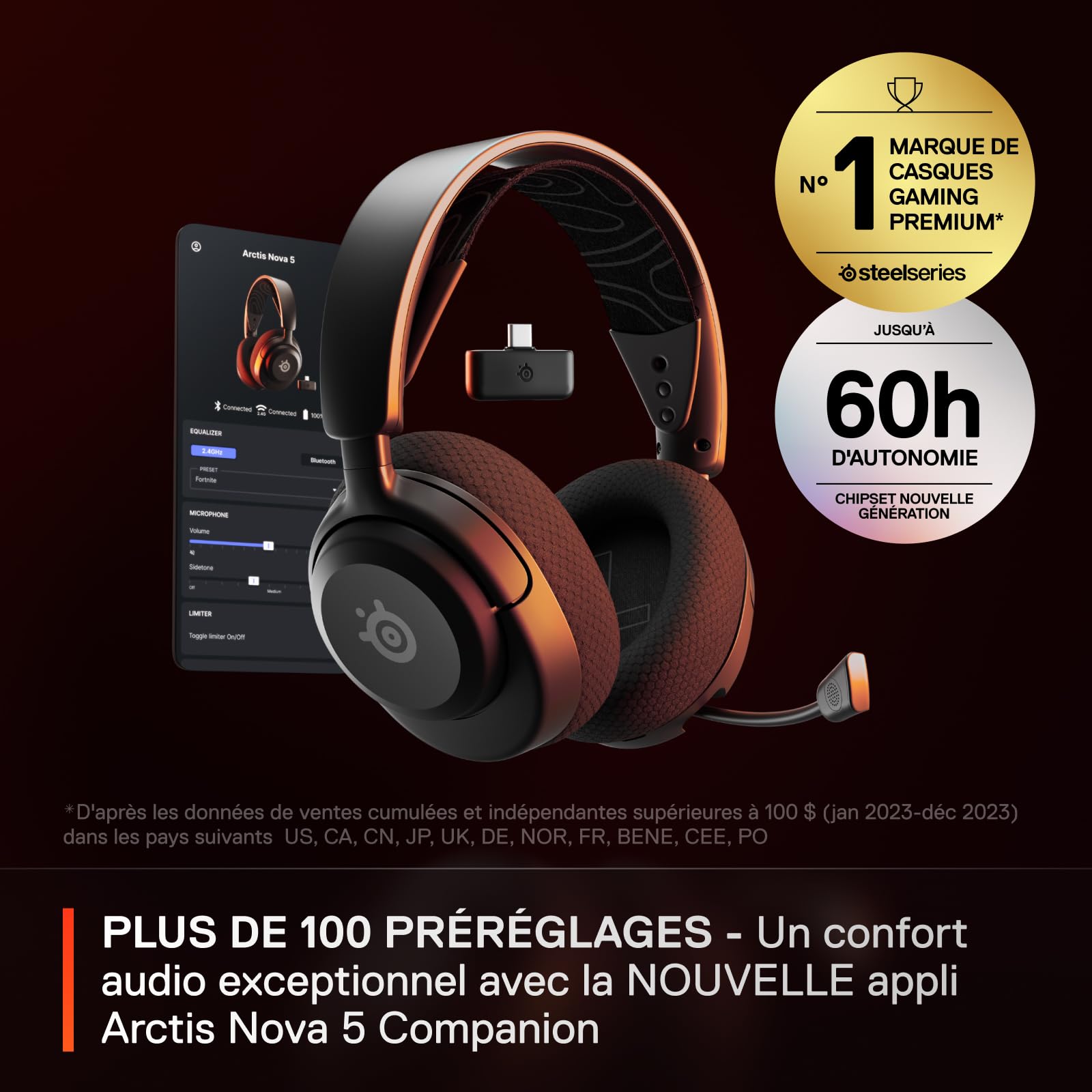 SteelSeries Arctis Nova 5 Casque Gaming Sans Fil Multi-Système - Haut-parleurs magnétiques néodyme - 100+ profils audio - Batterie 60h - 2,4GHz/BT - Micro ClearCast Gen 2.X - PS4/5, PC, Switch, Mobile