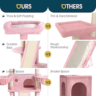 WEEWAY 68 Inches Multi-Level Large Cat Tree for Feline‌/Big Tower/Condo/Cozy Plush Kitty Perches/Fluffy Balls/Sisal Scratching Posts and Hammocks/Cave/Furniture Activity Center/Pink