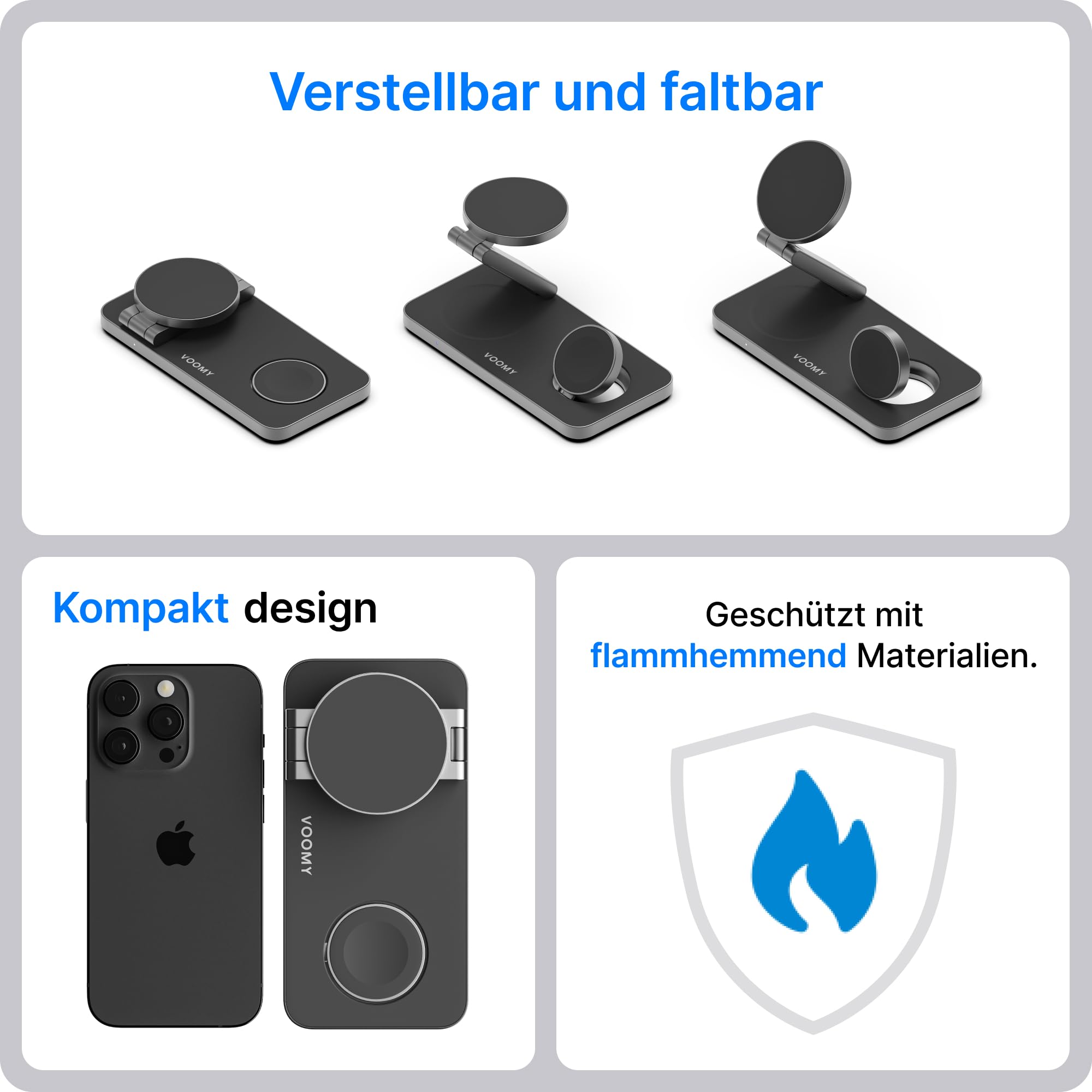 Voomy 3-in-1 Induktive Ladestation Kompatibel mit Magsafe Ladegerät, iPhone, AirPods & Apple Watch, 15W Wireless Charger – Faltbar, Schnellladefunktion, inkl. USB-C Kabel & Adapter (Schwarz Aluminium)