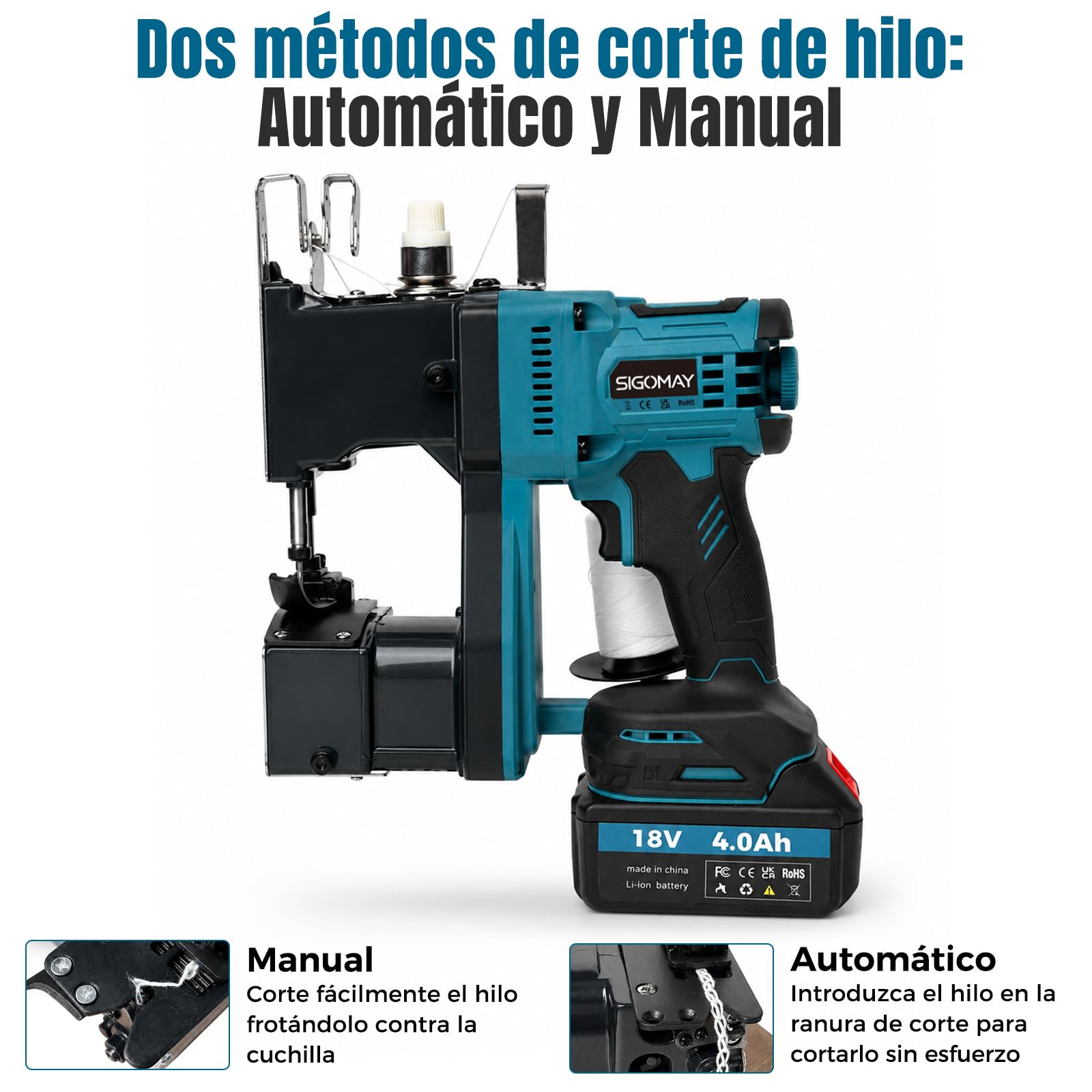 Cosedora de Sacos a Batería Brushless, Máquina de Coser Sacos Portátil 18V Compatible con Batería Makita 18V, Selladora Eléctrica para Sacos Tejidos Sacos de Arena, Incluye 2x4.0Ah Baterías