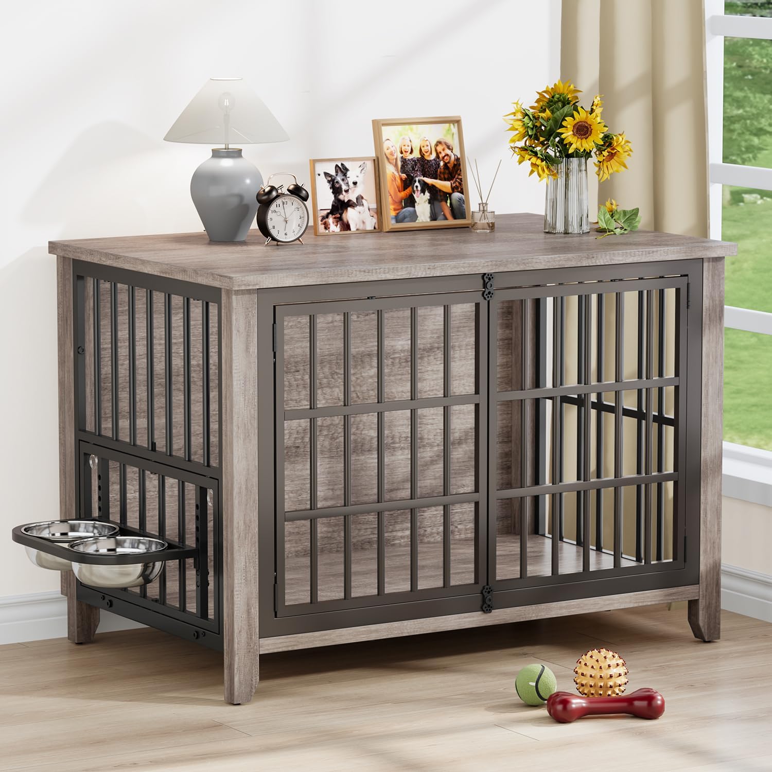 37.7" Dog Crate Furniture, Wooden Dog Kennel Indoor with 360 Rotating Feeder and 2 Adjustable Bowls, Multi-Functional Decorative Side End Table Dog Cage for Medium Dogs, Grey
