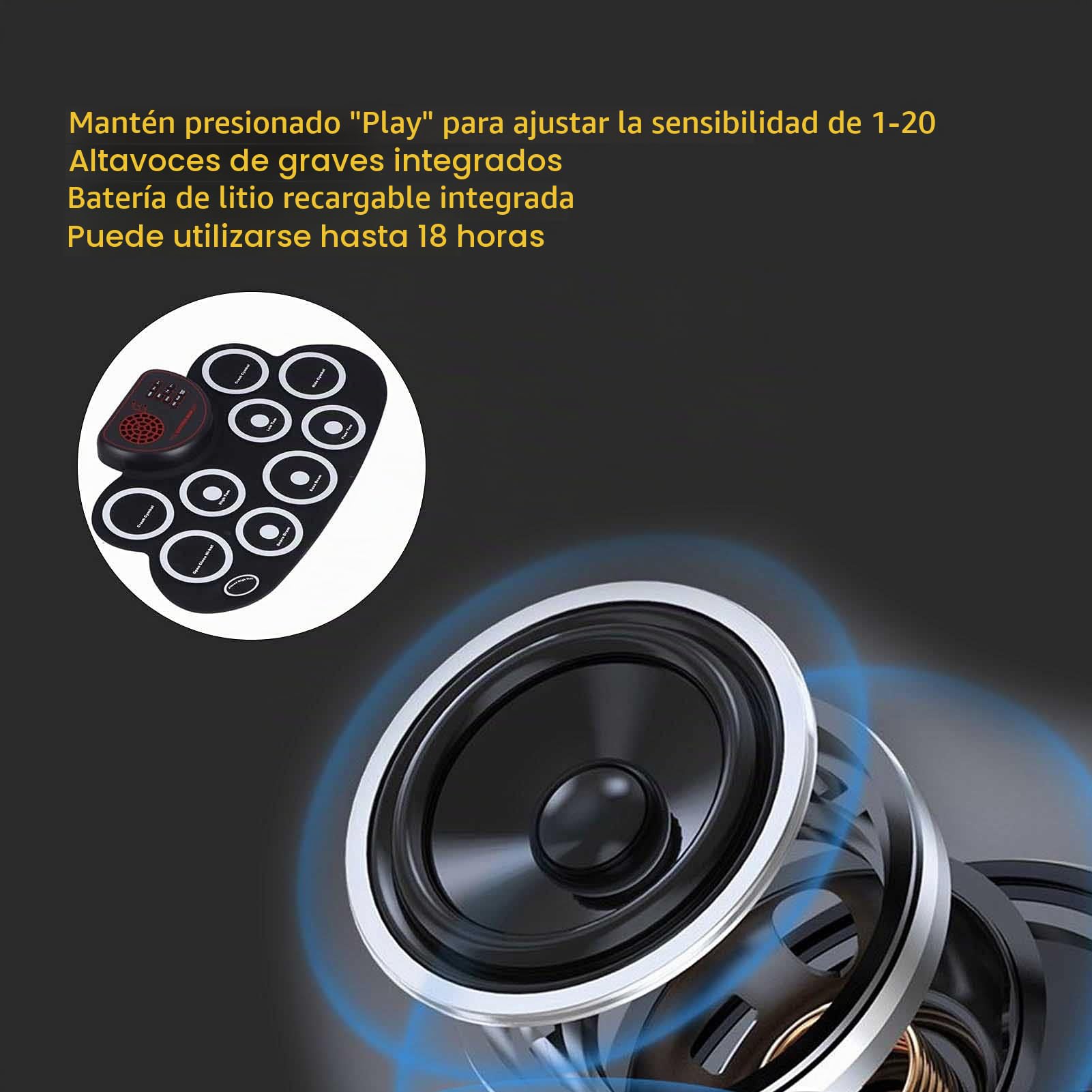 Batería Electrónica, Batería Enrollable, 9 Almohadillas Kit de Batería con Almohadillas de Práctica de Batería Enrollables, con Pedales de Batería y Baquetas, Altavoz Doble