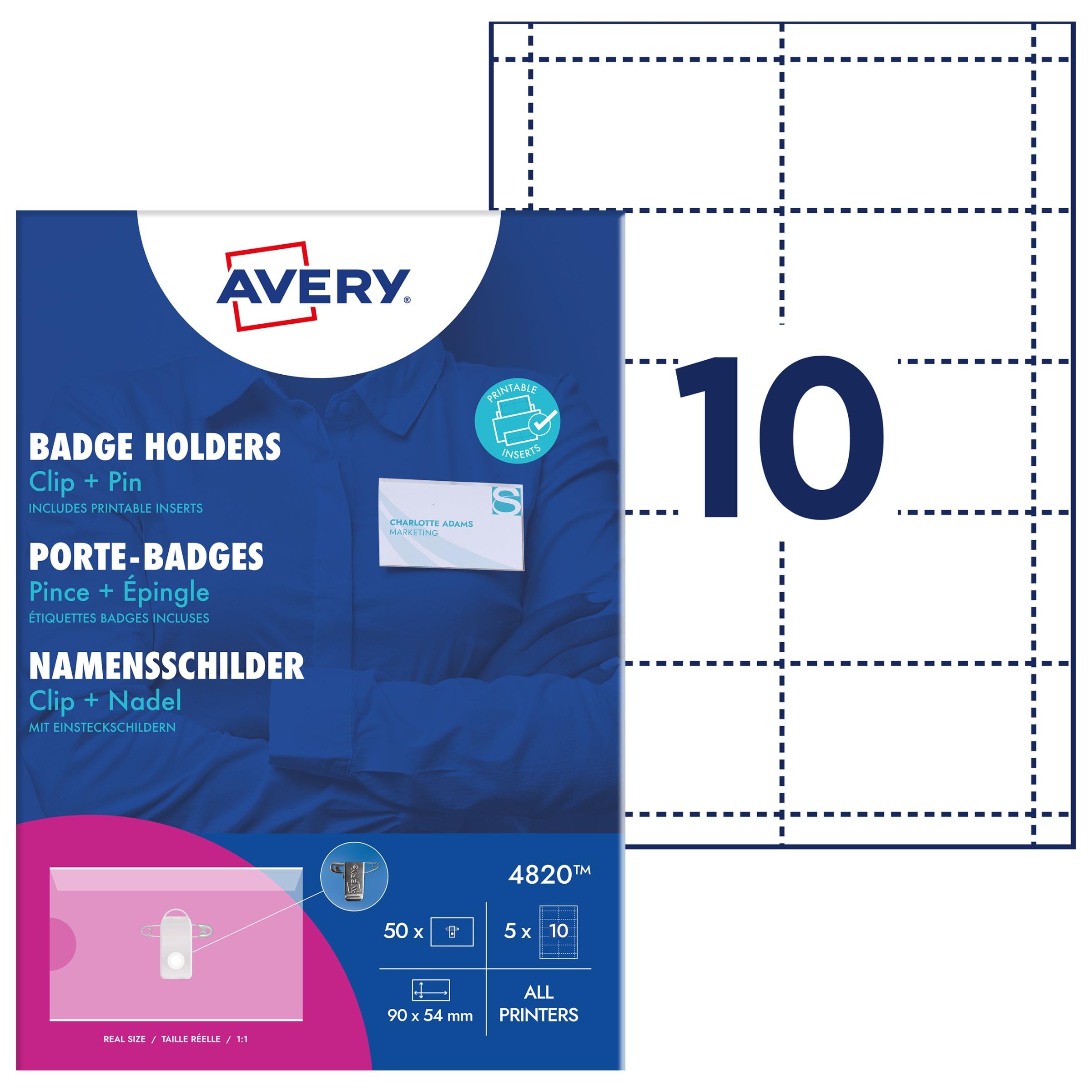 Avery 4820 50 porte-badges combi pince/épingle + 50 inserts microperforés