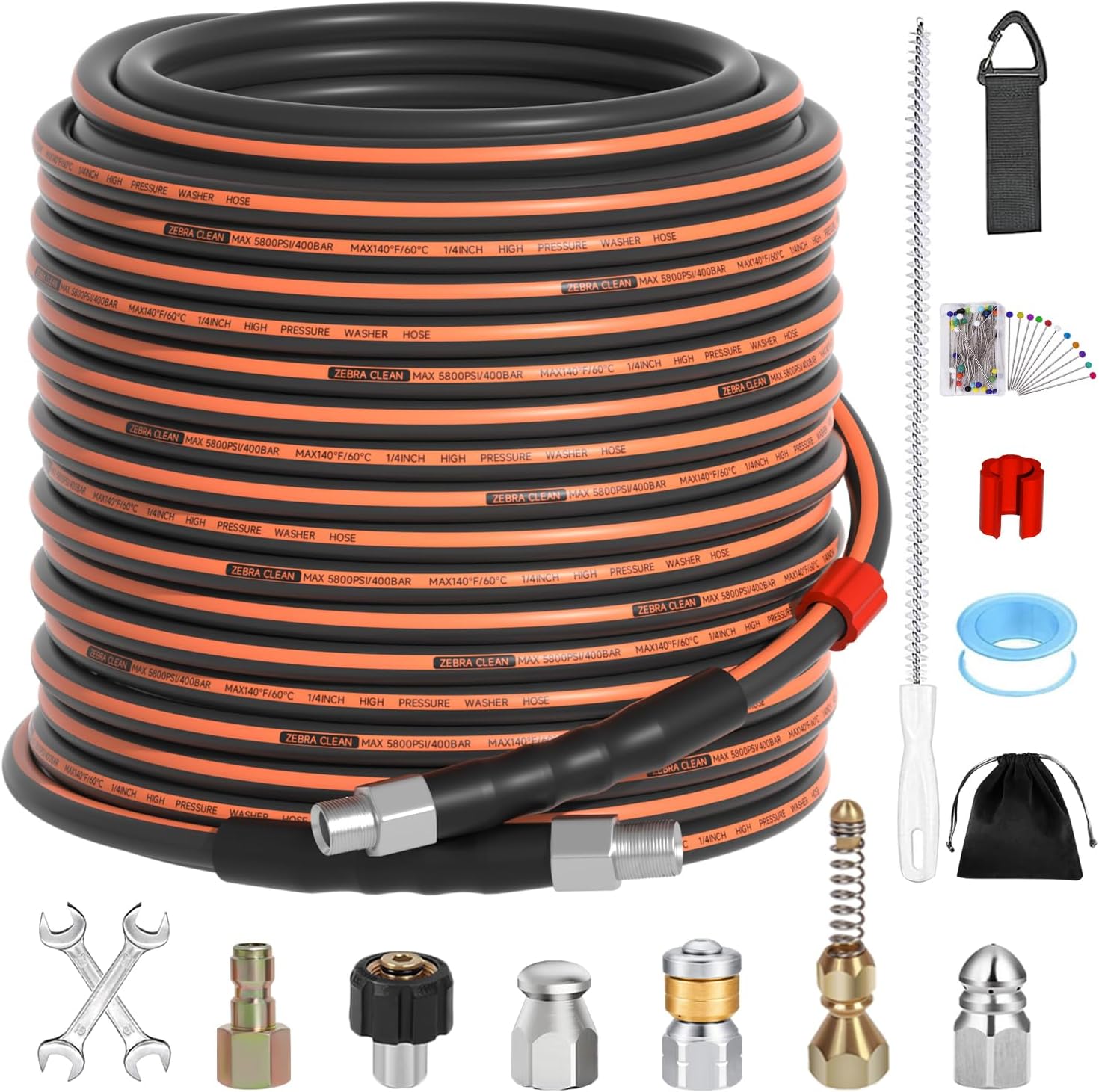 100FT Sewer Jetter Kit for Pressure Washer, 1/4" NPT Corner Drain Cleaner Hose 5800 PSI with Sewer Jetting Nozzles, Pearl Corsage Pin, Waterproof Tape, Extension Cord Organizer&2 Spanner