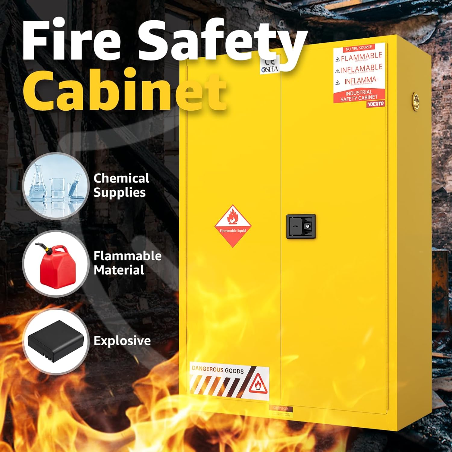43 x 18 x 65 in Flammable Safety Cabinet, 60 Gallon Double Door Storage Cabinet with Double-Wall Steel Body, Adjustable Shelves and Vent Ports