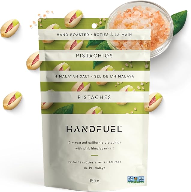 Handfuel Himalayan Salted Pistachios, Hand Roasted Shelled Pistachios, 9g of Protein, Proudly Canadian Made Plant Based Flavoured Nuts, Gluten Free - 150 Grams