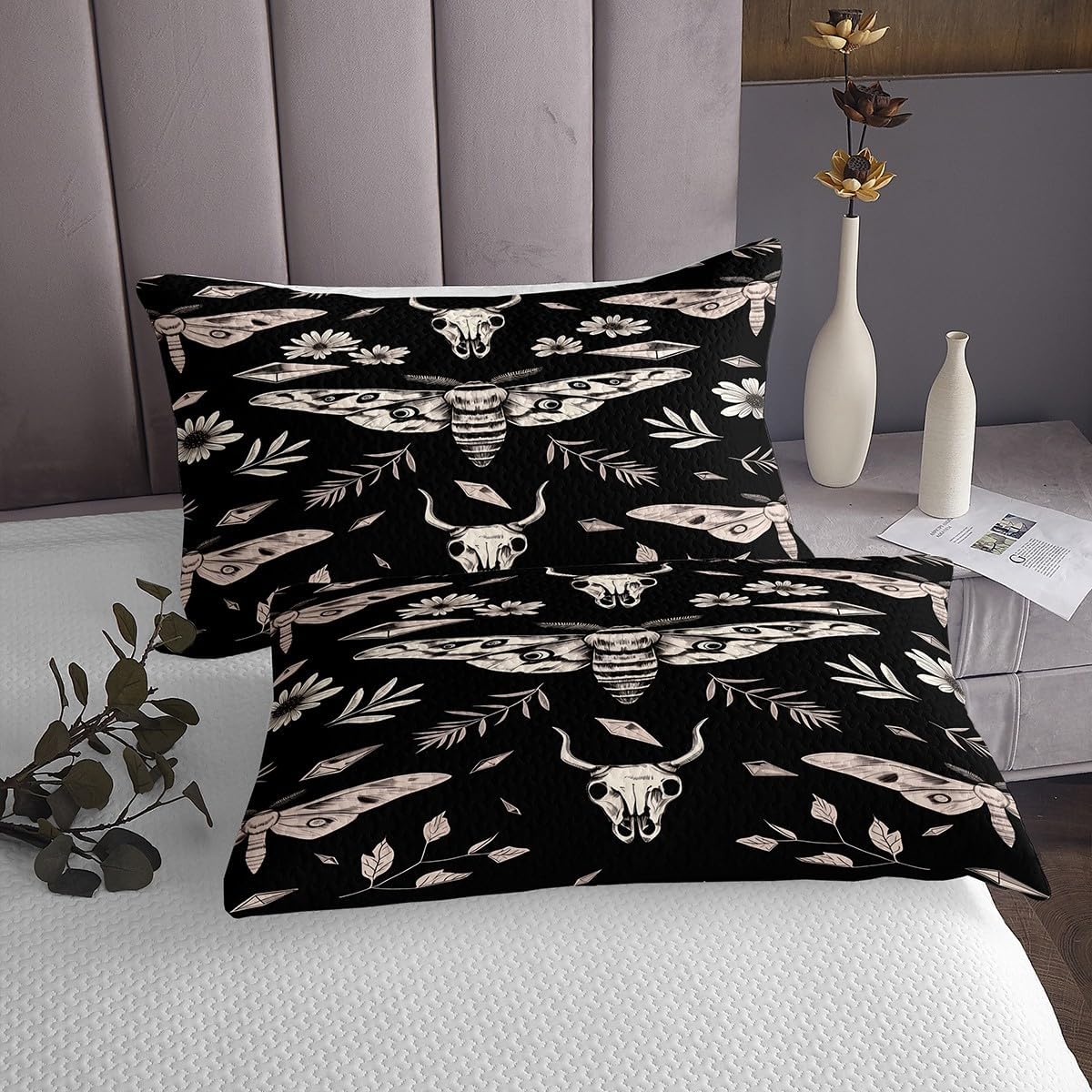 Erosebridal Gothic Moth Kids Coverlet Set Exotic Bull Skull Quilt Set King Size,Skull Moth Black Bedspread Set for Boys Girls,Goth Death Moth Bull Skull Bedding Set