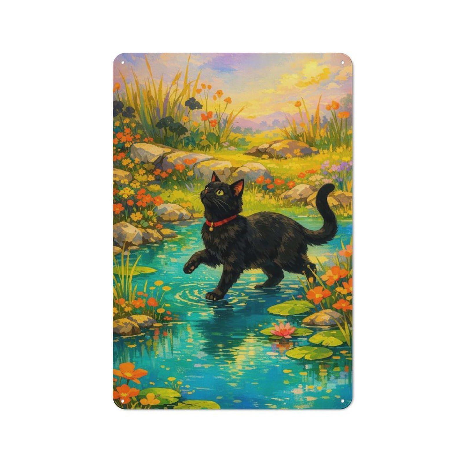 Junmoney Style-20 Tin Wall Plaque 30X20cm With Black Cat In A Water Lily Pond For Pub Or Café, For Hospitality Wall Decor Collectors