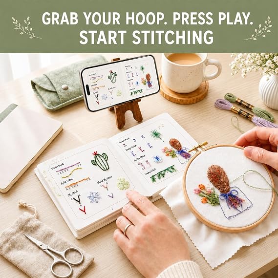 Cikeela Embroidery Stitch Book Beginner with Fabric Pages, DIY Sewing Kit with Floral Motifs, 31 Essential Stitches in Structured Learning Order for Adults, Practice Patterns EmbroideryStitch Book Kit