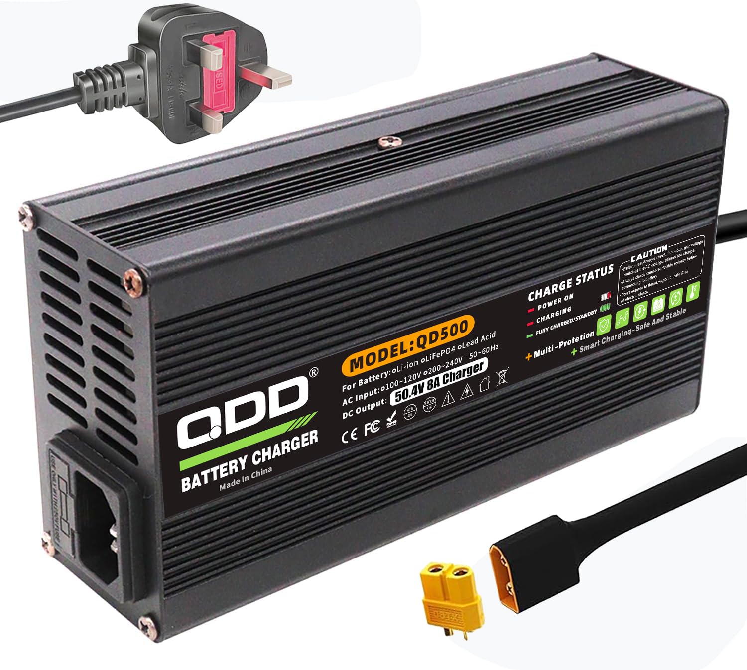 QDD Cargador de litio de 50,4 V 8 A con sistema de refrigeración para batería de litio 12S 44,4 V DC XT60 conector macho