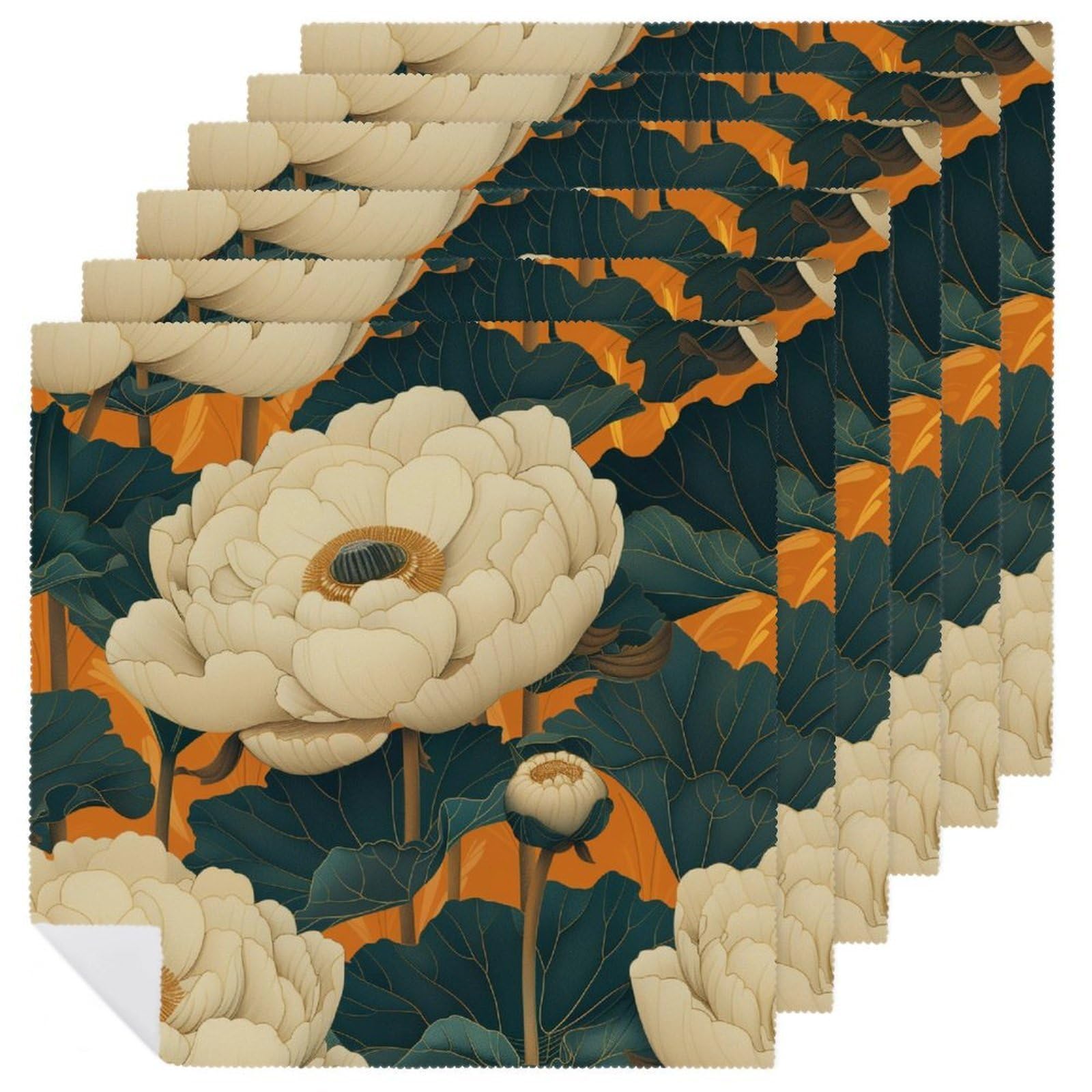 Elegant Botanical Blooming Tea Flowers Cloth Napkins Set of 6, Square Premium Reusable Washable Polyester Table Linen Napkin for Dinner Party