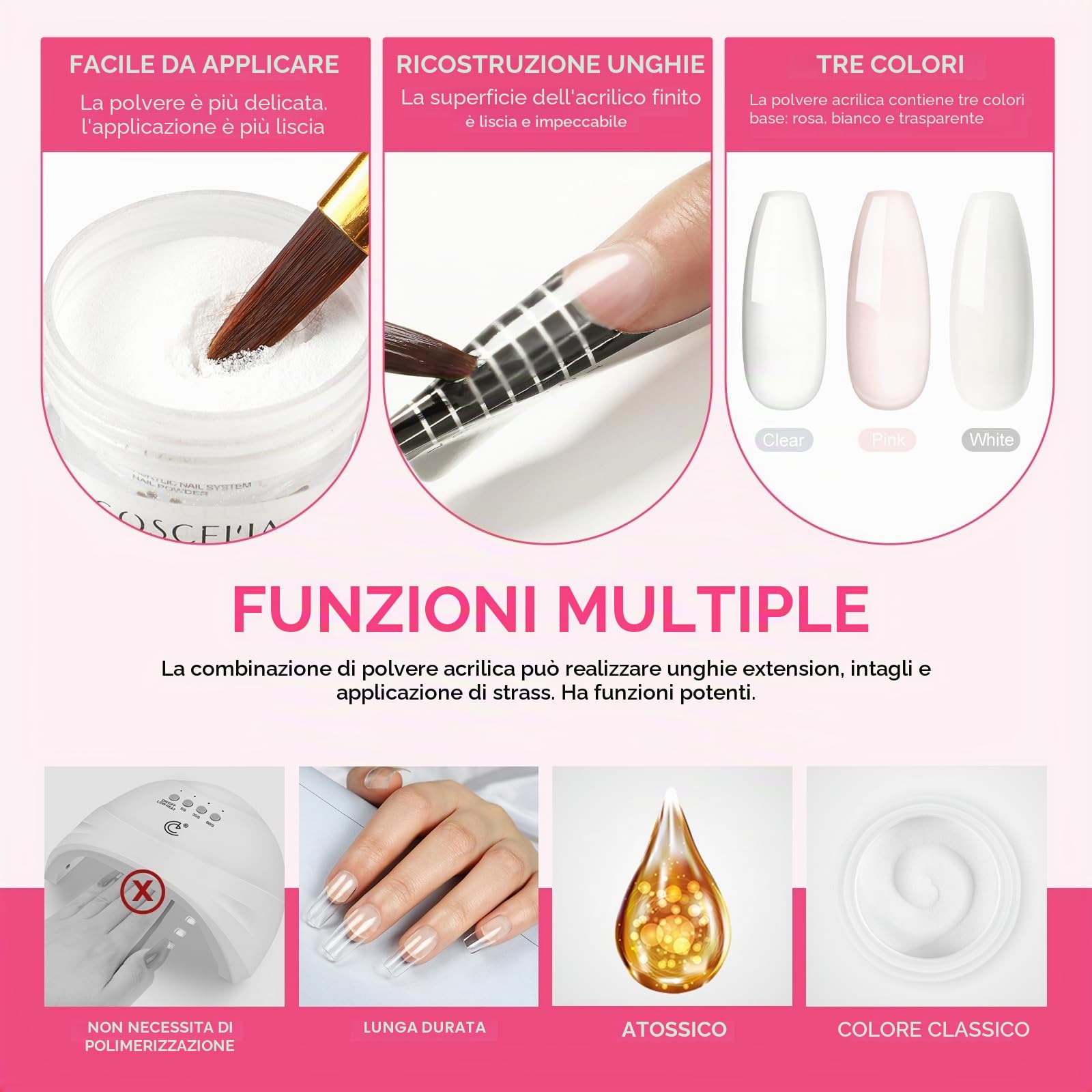 COSCELIA Kit Semipermanente Unghie 3 * 8g Starter Kit Semipermanente Bianco Rosa Trasparente 30ml Monomero Set di Estensione Unghie Regali per Principianti