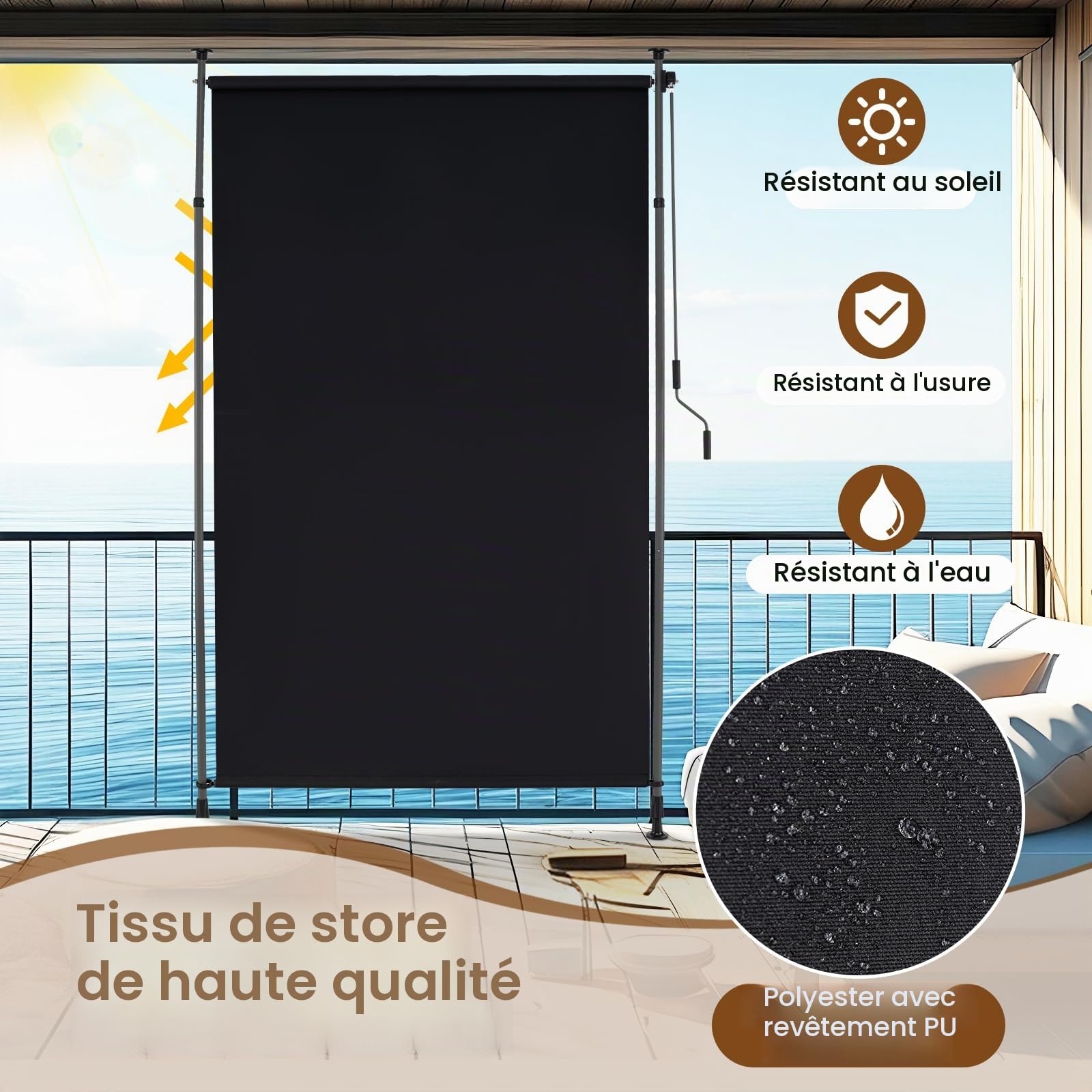 RELAX4LIFE Store Vertical sans Perçage | Store Extérieur Rétractable avec Manivelle | Polyester Anti-UV | Poteau en Alu | Hauteur 220-310 CM | Protection Solaire | pour Véranda Balcon (1,5M,Noir)