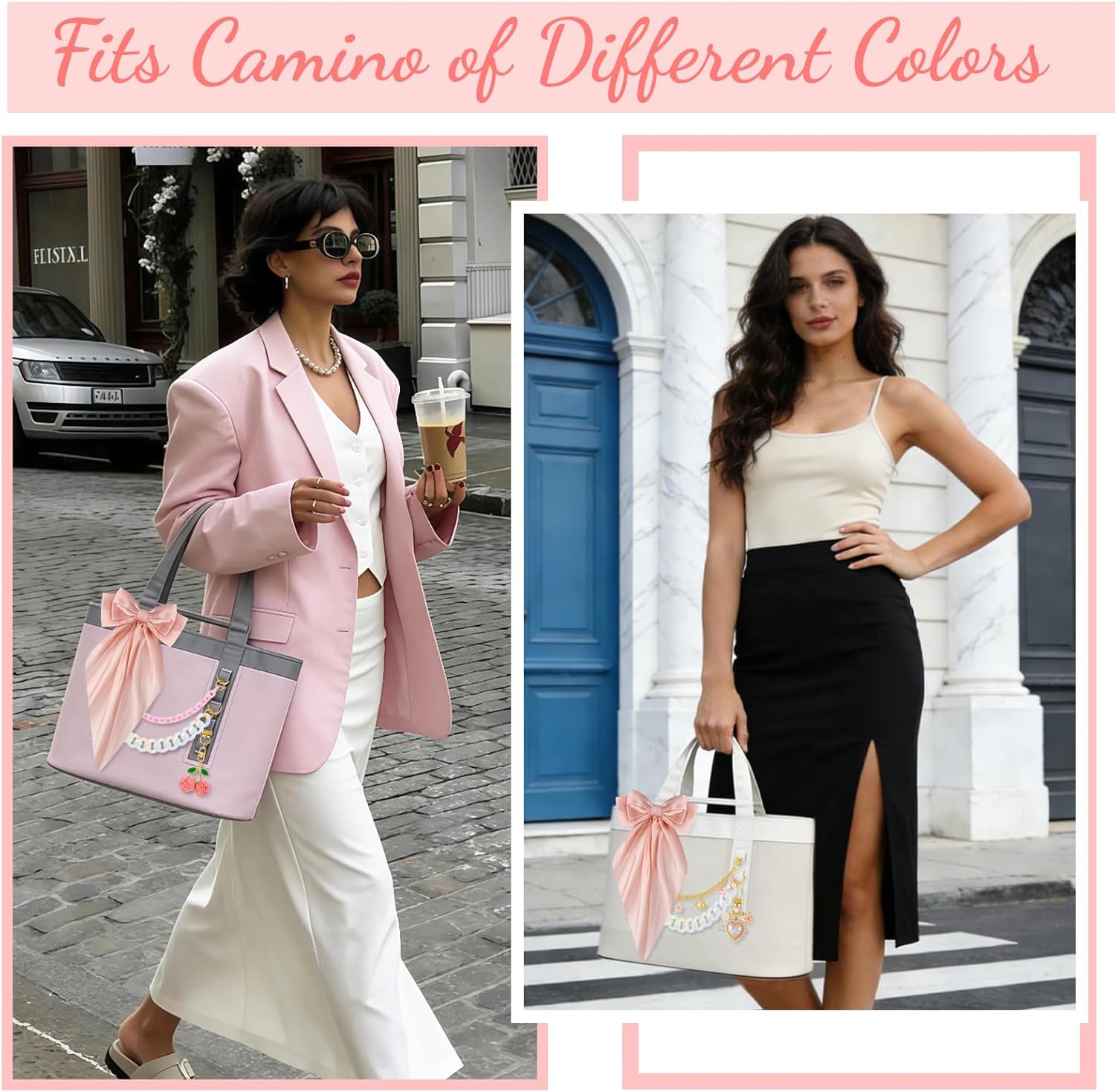 7 Pcs Tote Bag Accessories Set for Women,Pink Bag Charms Decorative Bow Pearl Chain Charms & Cherry Keychain Charms,Compatible with Camino 20/35/50 Carryall,Beach Tote Bags