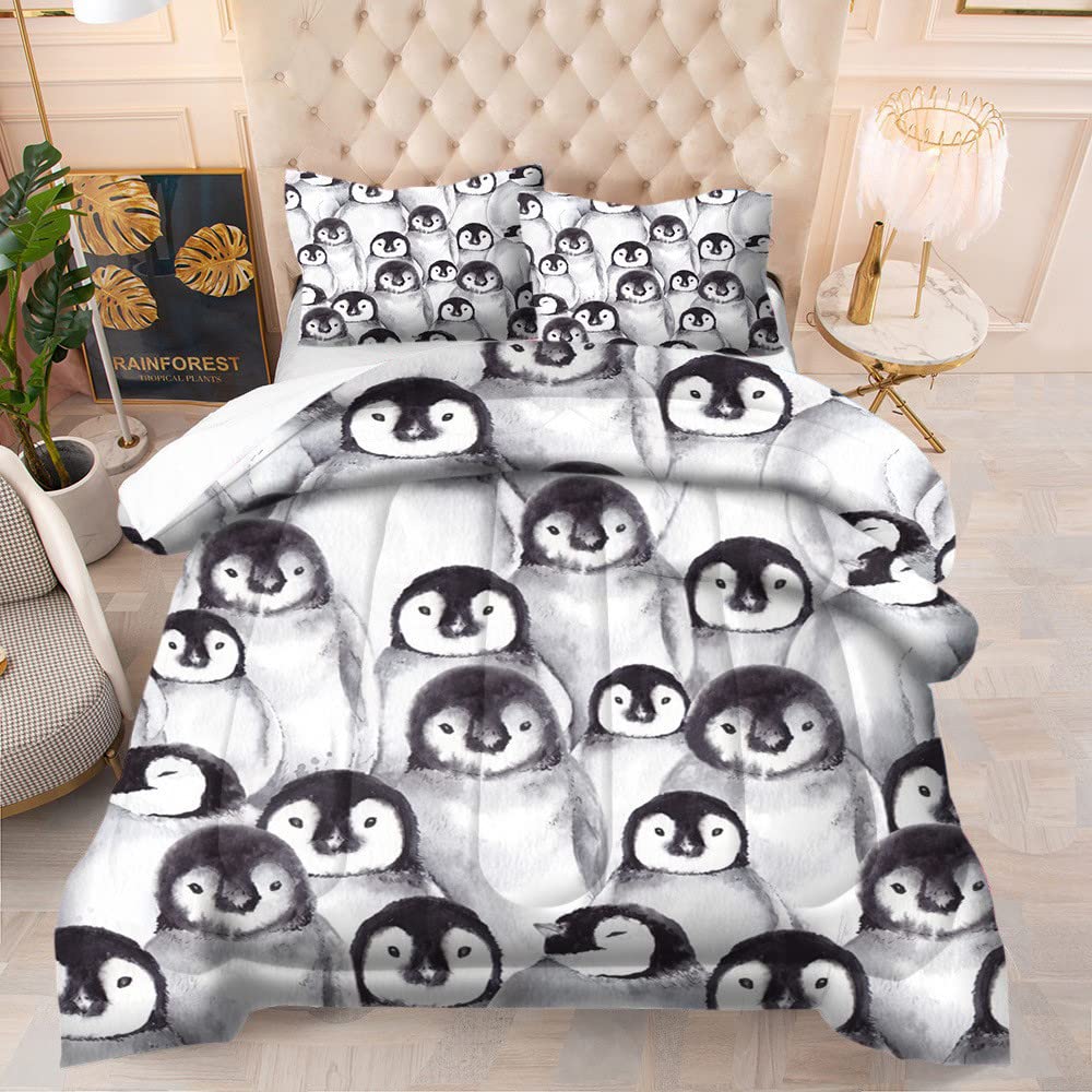 Fansu Colcha Acolchada Fina Suave Cubrecama Rellenos Finos Edredón Funda de Almohada 3D Estampada Manta Colchas Bouti Cama 90/135/150, Juego de Ropa de Cama 3 Piezas (220x240,pinguino Gris)