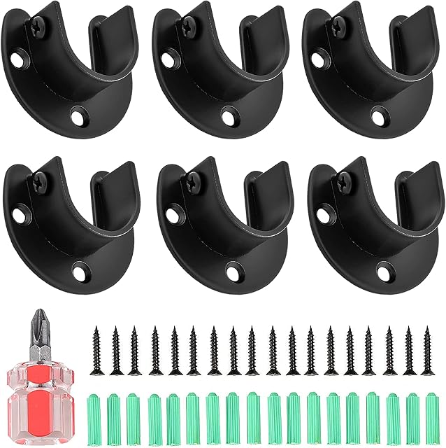 WeqeYent 6 Pcs Closet Pole Sockets, Flange Set for Closet with Screws and Screwdriver,Heavy Duty Closet Rod End Supports,U Shaped Closet Rod Bracket for Wardrobe Shower Curtain(Black)